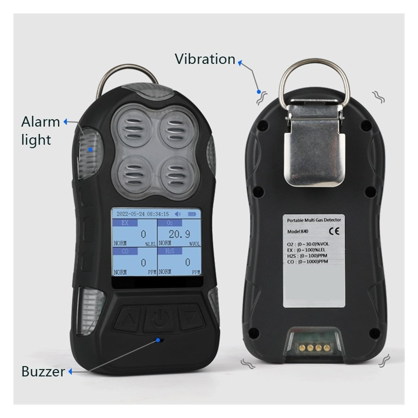 Detector multigas 4 en 1 EX, H₂S, CO, O₂, analizador de Gases combustibles con alarmas vibración, visuales y sonoras Alta sensibilidad para Laboratorio(Black)