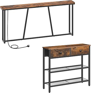 HOOBRO Console Table and Console Table Bundle, Slim Behind Sofa Table with 2 Non-woven Drawers, 180 cm Slim Hallway Table with Charging Station for Entryway, Living Room, EBF72XG01-EBF158KXG01