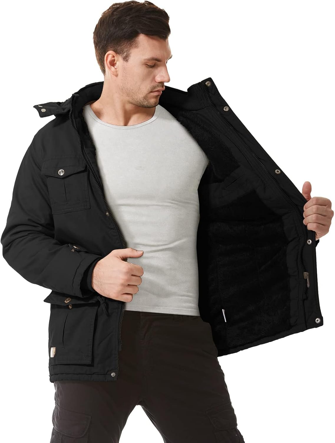 Mens Jacket Winter Casual Fleece Lined Cotton Thick Military Tactical Hooded Work Coats with Cargo Pockets - Image 4