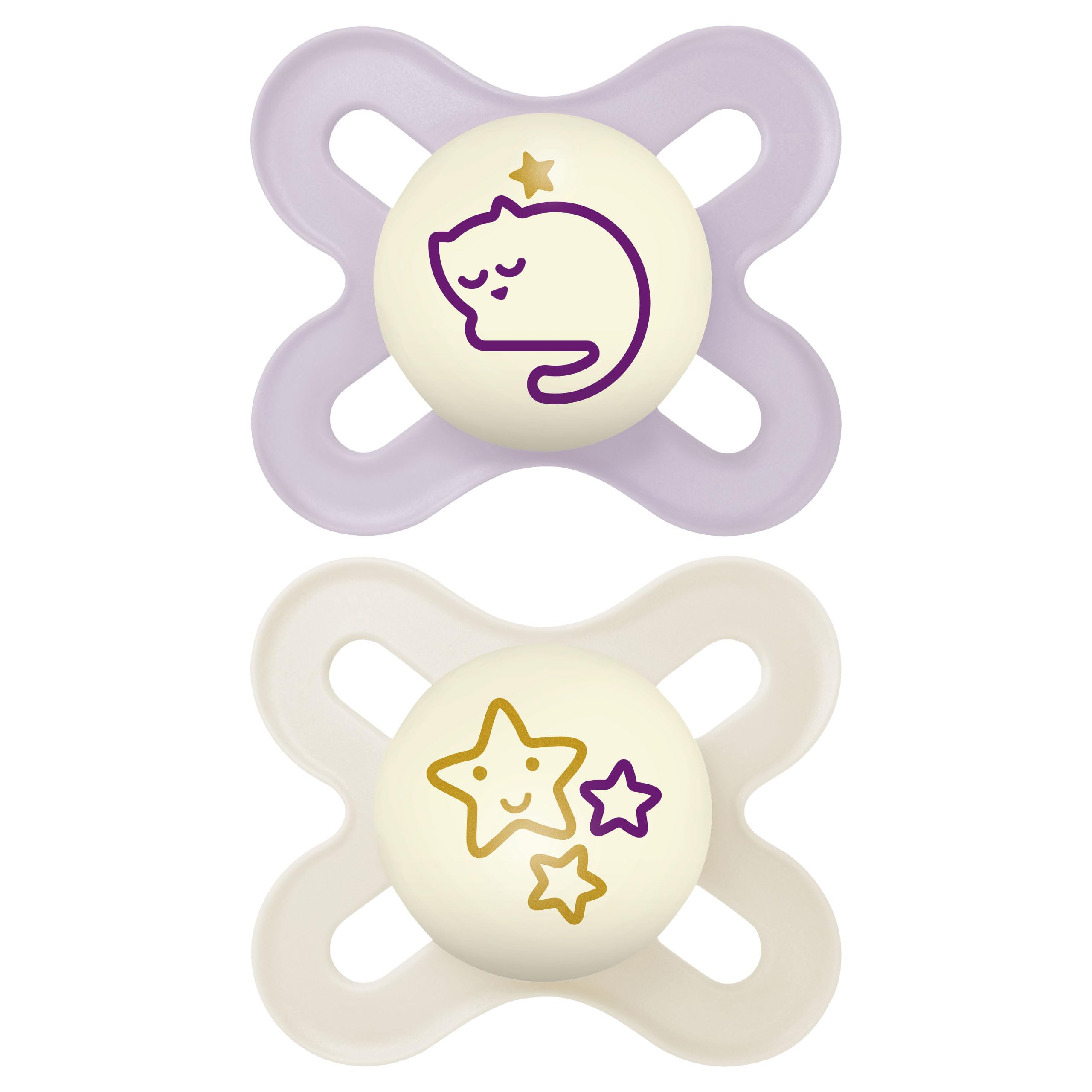 MAM Original Start Night Soothers | 0-2 Months | 2 Pack | Newborn Dummies | Glow in The Dark | Comes in Dummy Steriliser Box | Sustainable Materials | Pink (Designs May Vary)