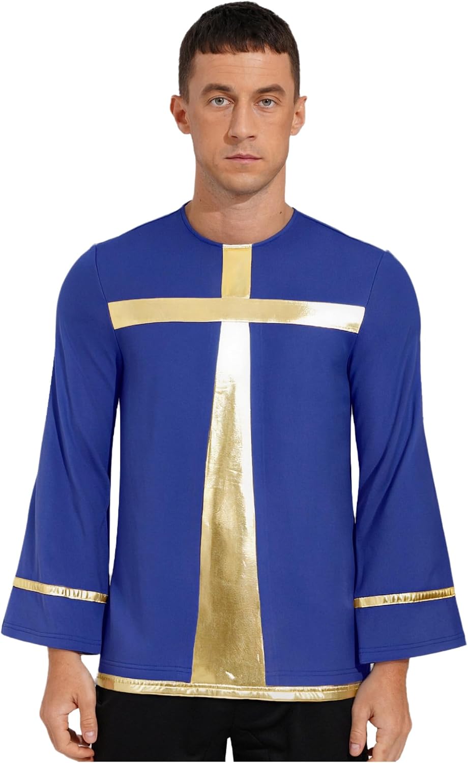 Men's Cross Praise Dance Pullover Top Round Neck Long Sleeve Worship Tunic Shirt Liturgical Dancewear