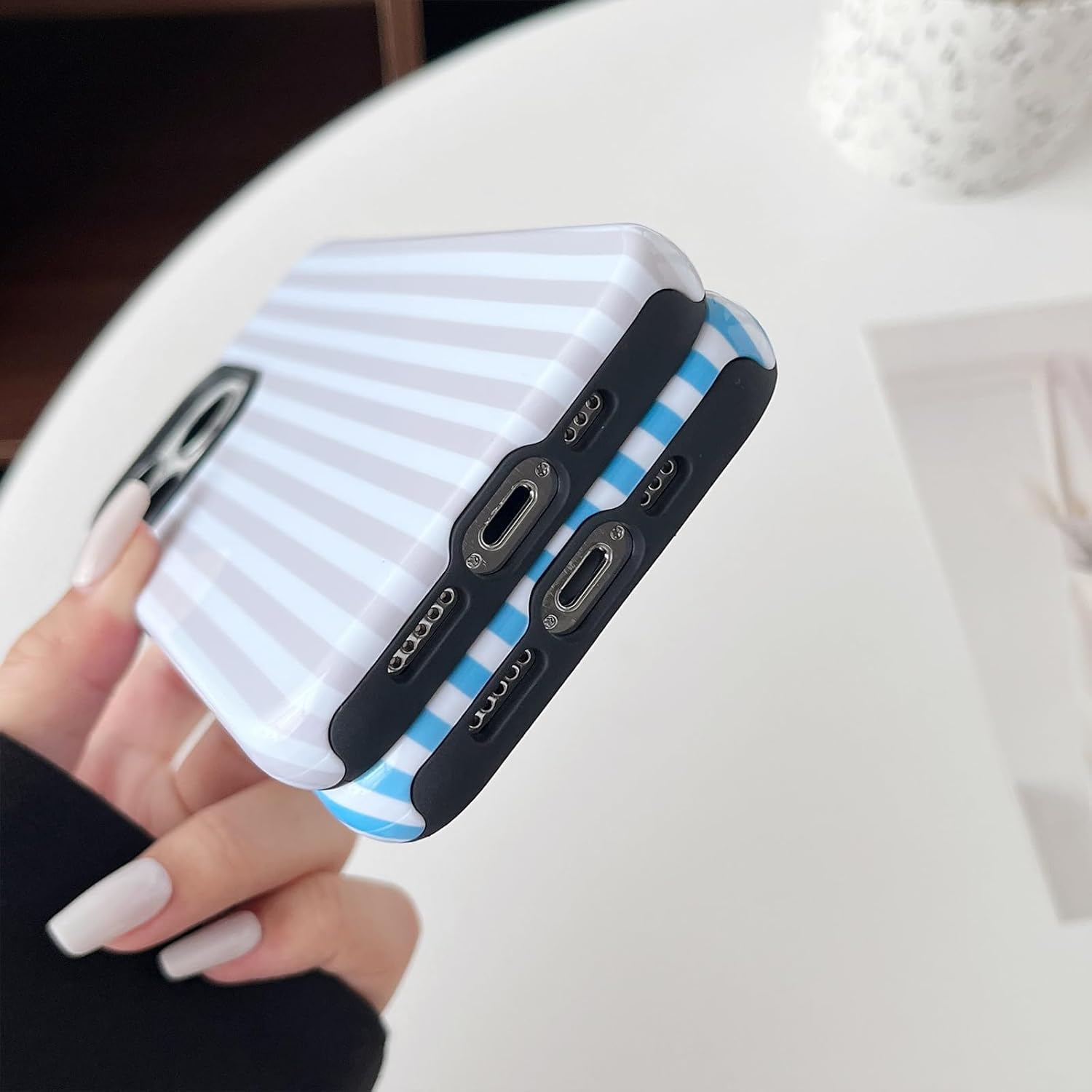 Compatible with iPhone 13 Pro Max Case Cute Aesthetic Striped Phone Case for Women Girl Shockproof Slim TPU and Hard PC Protective Cover (Antique White) - Image 5