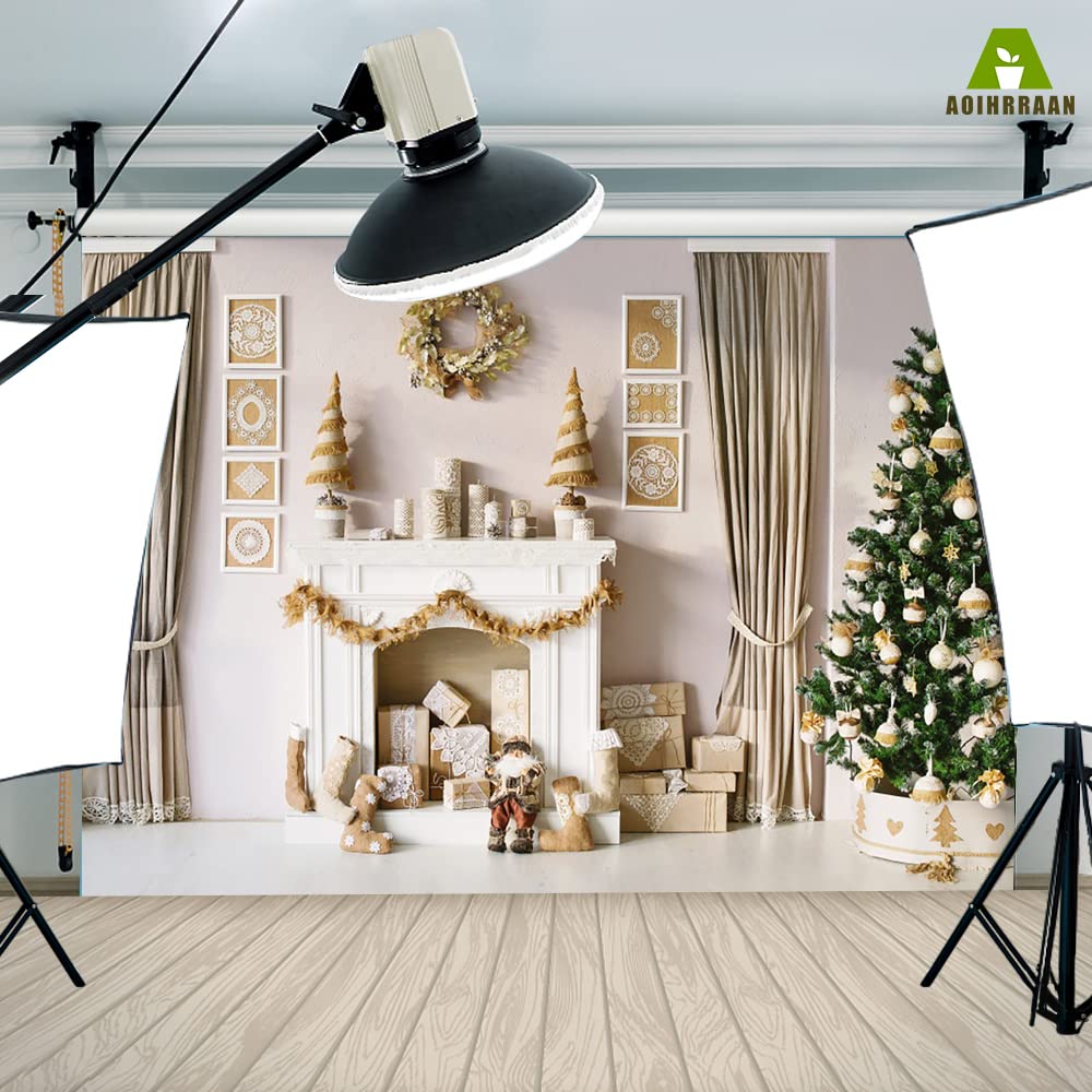 Aoihrraan Sfondo di Natale 3x2m - Albero, Camino, Calze, Regali, Tende - Fotografia Interni per Soggiorno, Capodanno, Festa, Compleanno - Decor Ritratto Photo Studio Puntelli