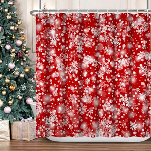 Rideau de douche polyester imperméable rouge et blanc avec crochets - 2