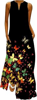 Maxi Dresses for Women UK Elegant Oversized Summer Cami Long Dress Baggy Hem Floral Printed Dance Dress Swing Office Casual Dress V-Neck for Ladies Boho Dress Sleeveless with Pockets for Work