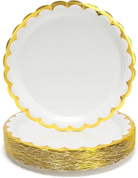 Pack of 50 9 inches 23 cm white paper plates with scalloped edge for dinner and dessert ideal for graduations weddings birthday parties baby shower decorations
