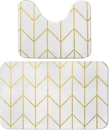 Juego de 2 alfombras de baño con diseño de cheurón dorado, moderno, elegante, antideslizante, suave, absorbente, alfombra de contorno en forma de U