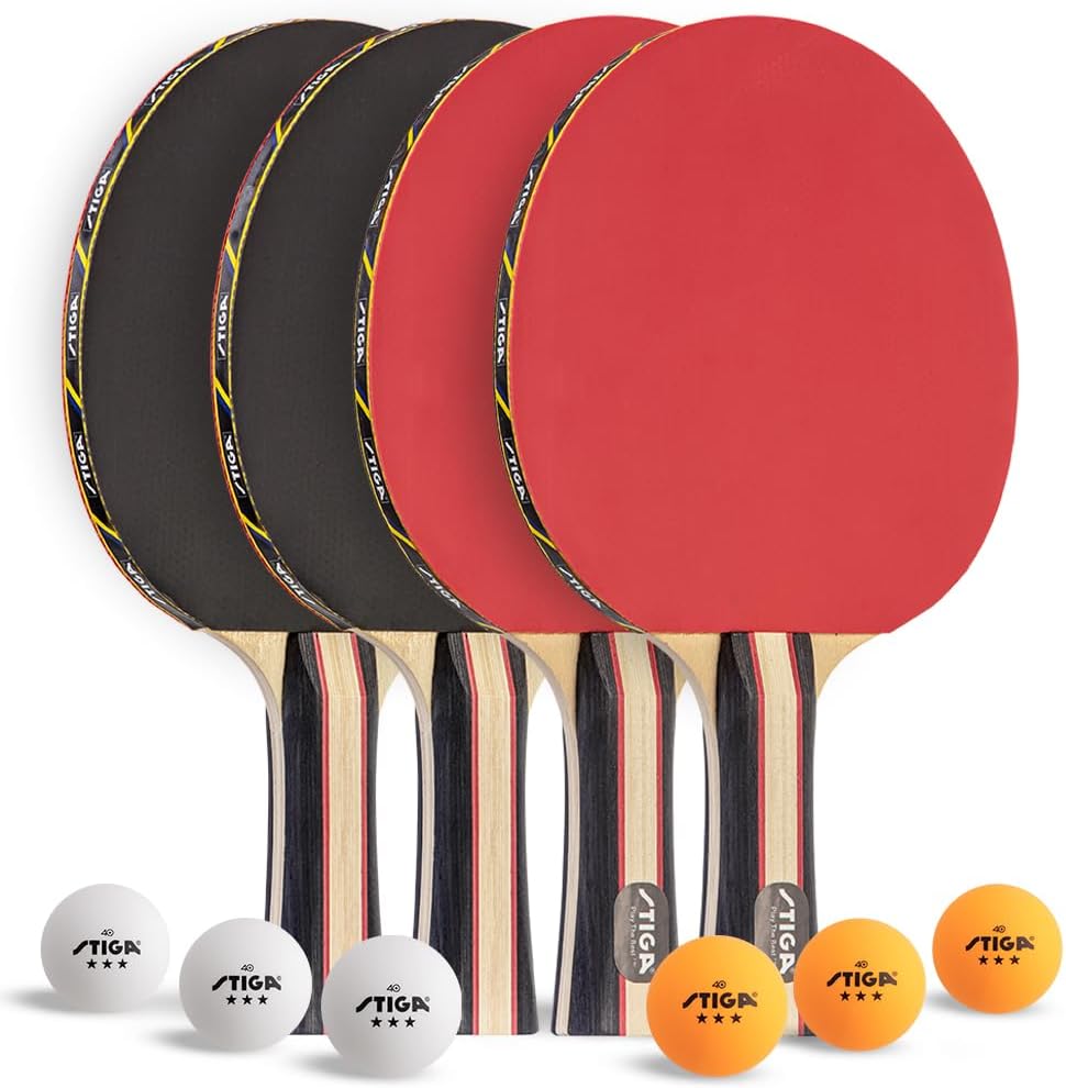 STIGA Performance 2 or 4 Player Table Tennis Set – USATT Approved Rackets and 3-Star Balls – 5-Ply Blade & Flared Handle – Perfect for Skill Development