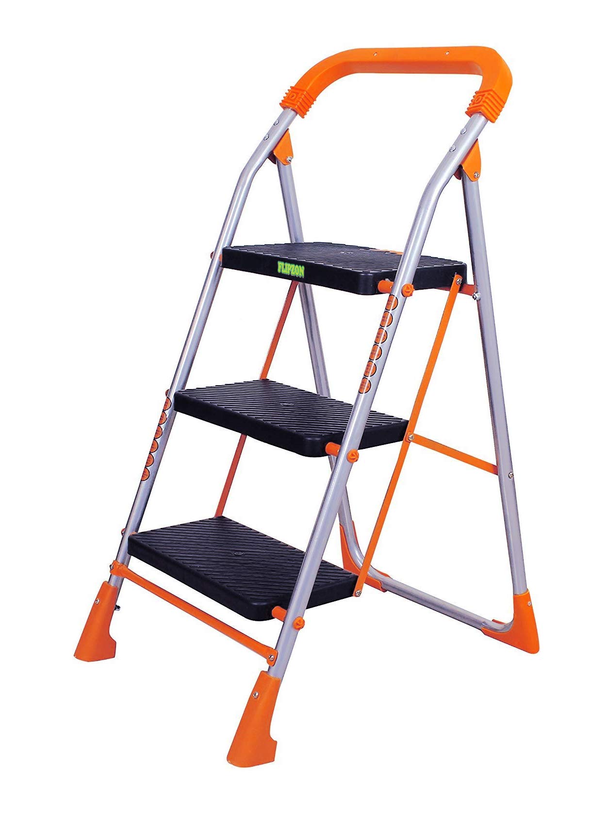 Flipzon Foldable 3 Steps Ladder | Heavy Duty Ladder With Anti-Skid Shoes, Wide Steps - (Orange, Silver, Black) - Alloy Steel (B083W2SD3Y) Amazon Price History, Amazon Price Tracker