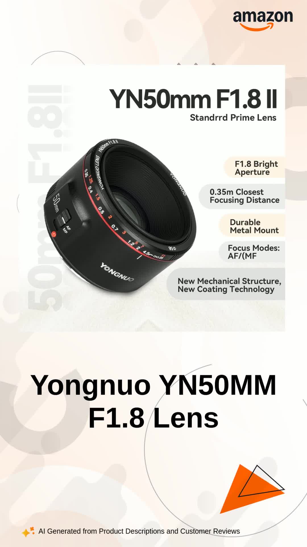 Yongnuo YN50MM F1.8 II AF/MF 0.35M Focus Distance Standard Prime