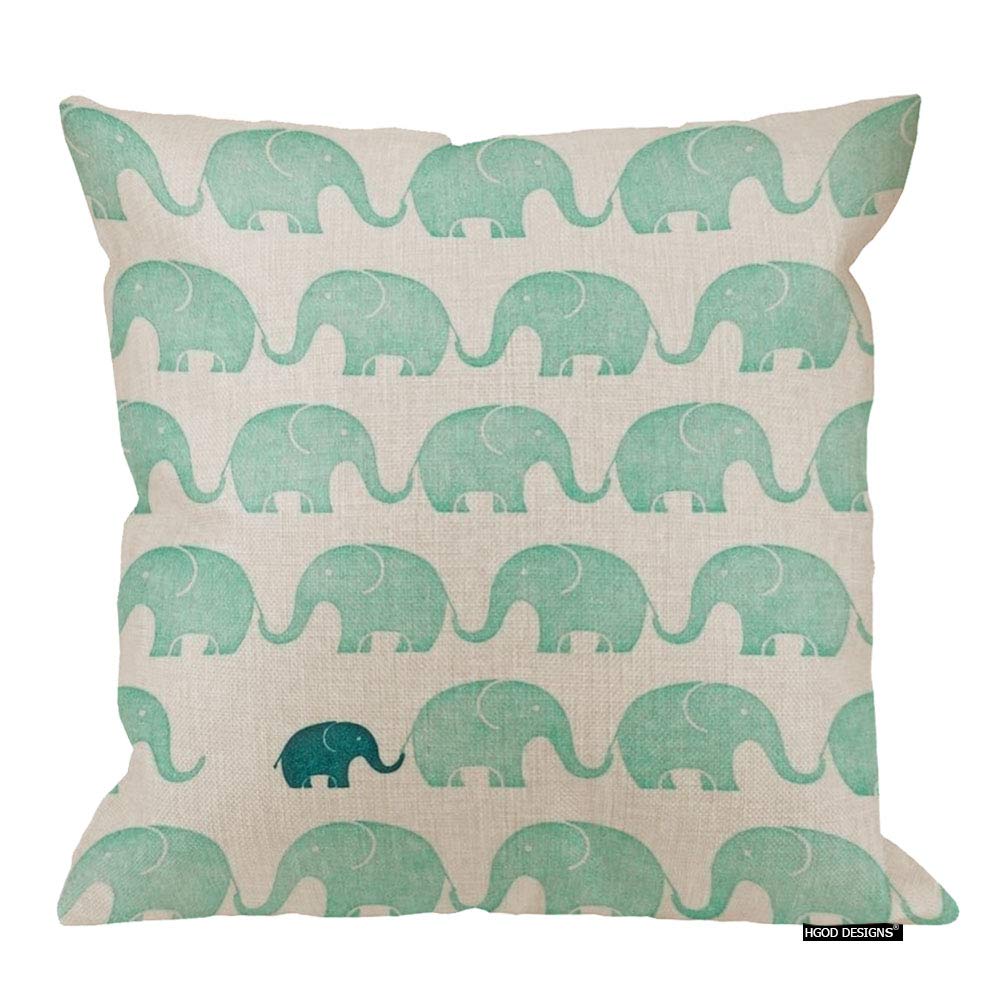 HGOD DESIGNS Cute Pillow Covers Elephant Pattern Cotton Linen Accent Pillows Decorative Cushion Covers 18 X 18 Inches