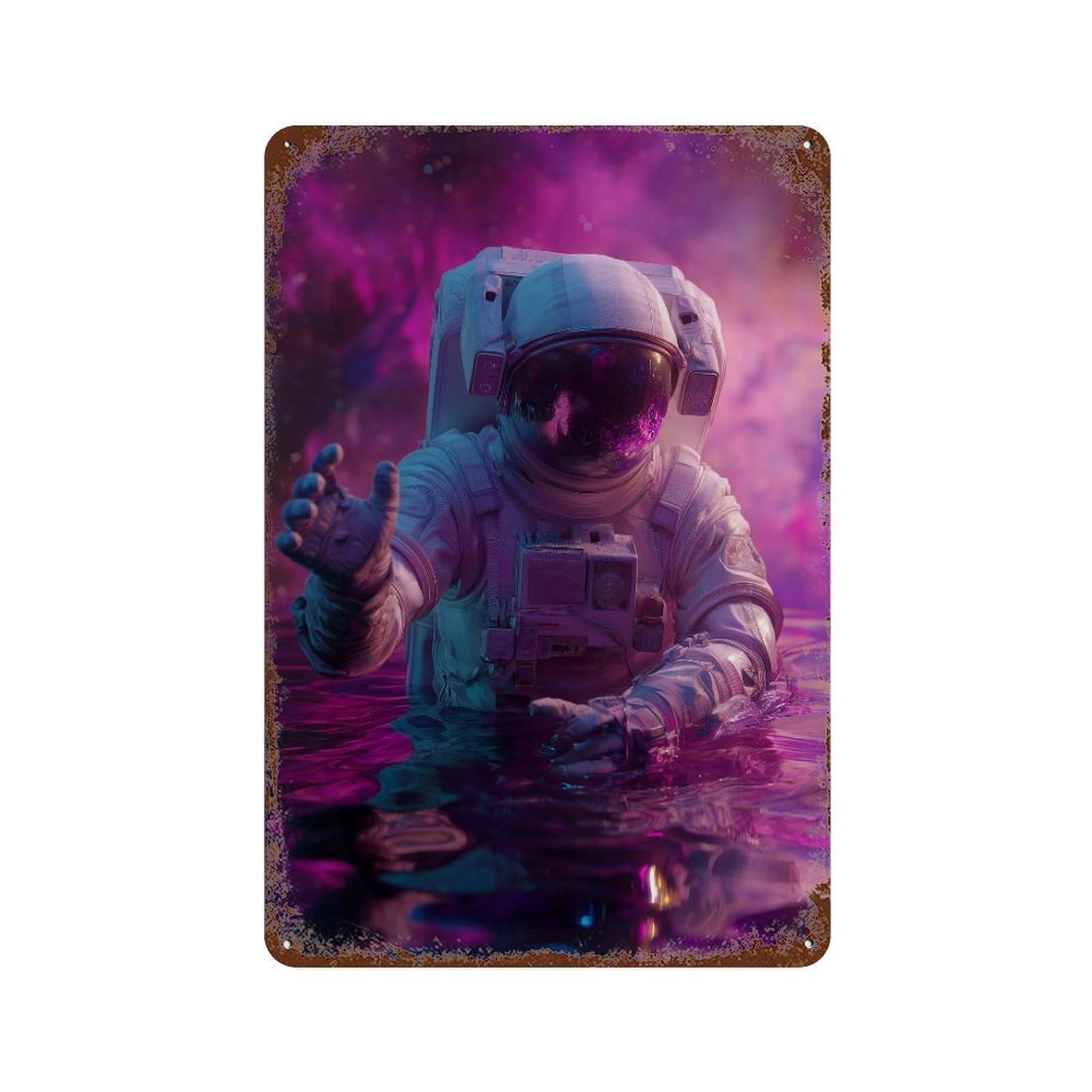 Space Astronaut Floating in Water Distressed Metal Wall Sign 11.8"x7.9", Ideal for Pub, Kitchen And Man Cave Decor