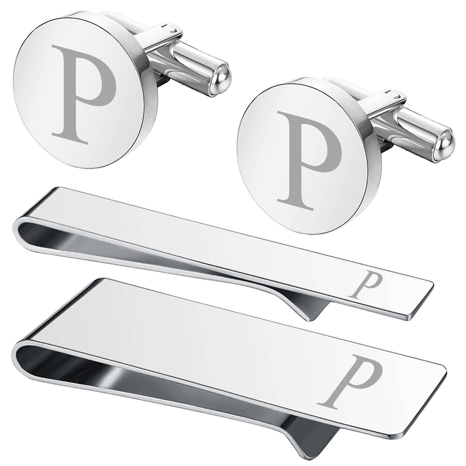 BodyJ4You 4PC Cufflinks, Tie Bar, Money Clip - Initial A-Z Engraving Alphabet Letter - Mirror Polished Steel Jewelry Set - Men's Cuff Links Shirt Suit