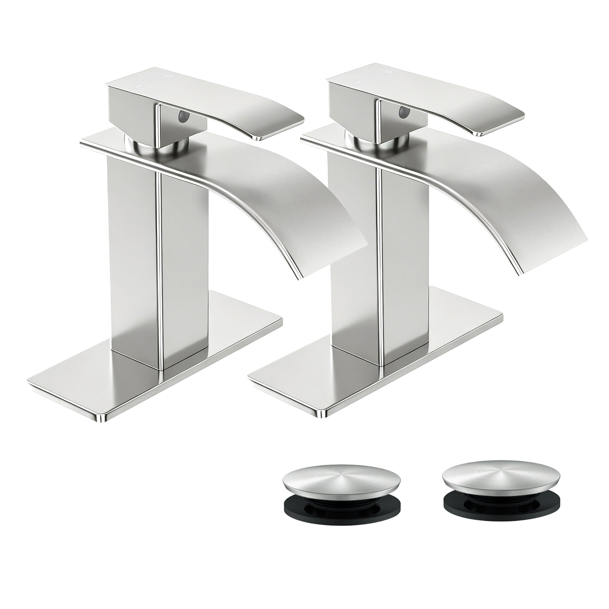 Nfusrxmbk Brushed Nickel- Set Of 2 Brushed Nickel Waterfall Bathroom Faucet Lavatory Single Handle 1 Or 3 Hole Bathroom Sink Faucet Washbasin Faucet With Deck And Pop-Up Drain (, Short)