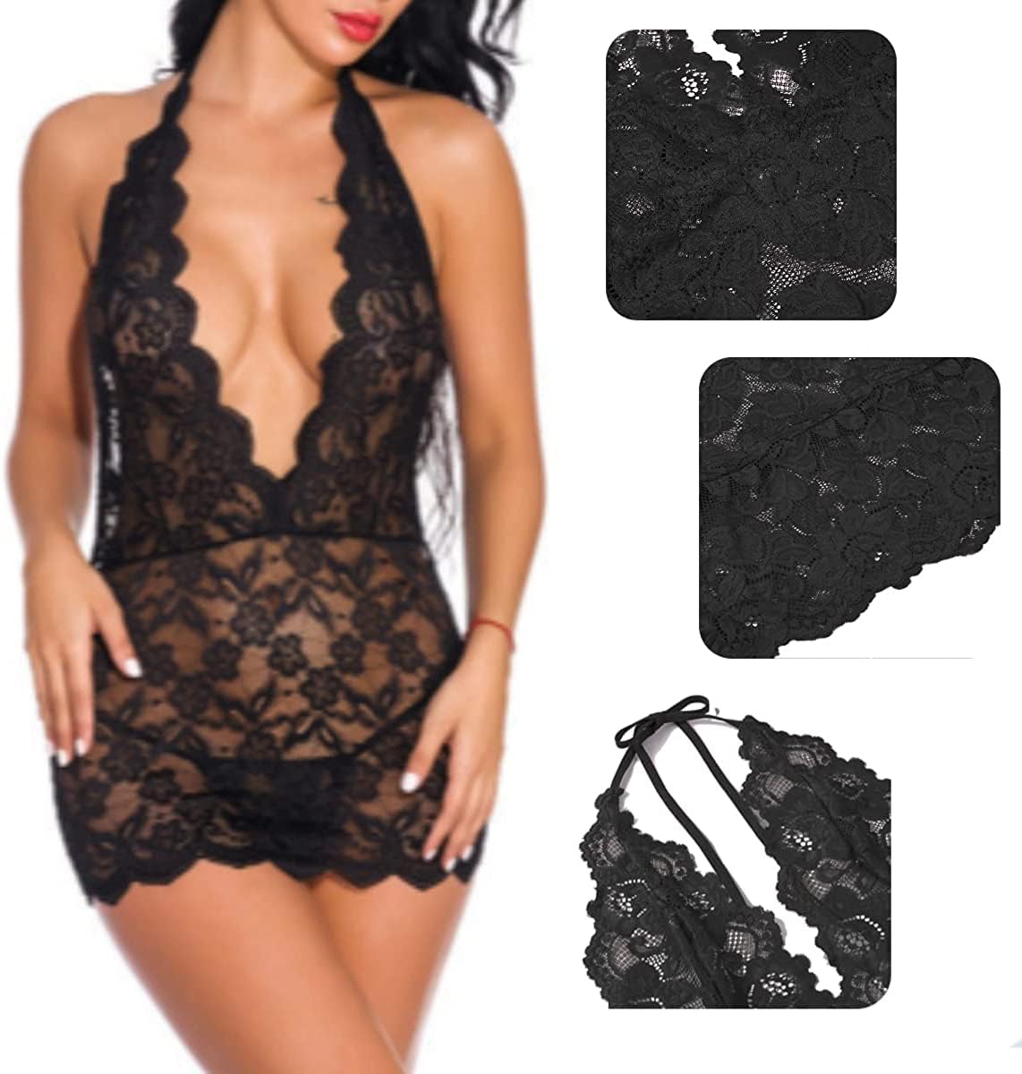 QHQQXN Lencería de Encaje Camisón de Malla Transparente Camisón con Cuello en V Profundo Camisón Halter Vestido sin Espalda Body con Tanga para Damas Pijama Ropa de Dormir Nupcial