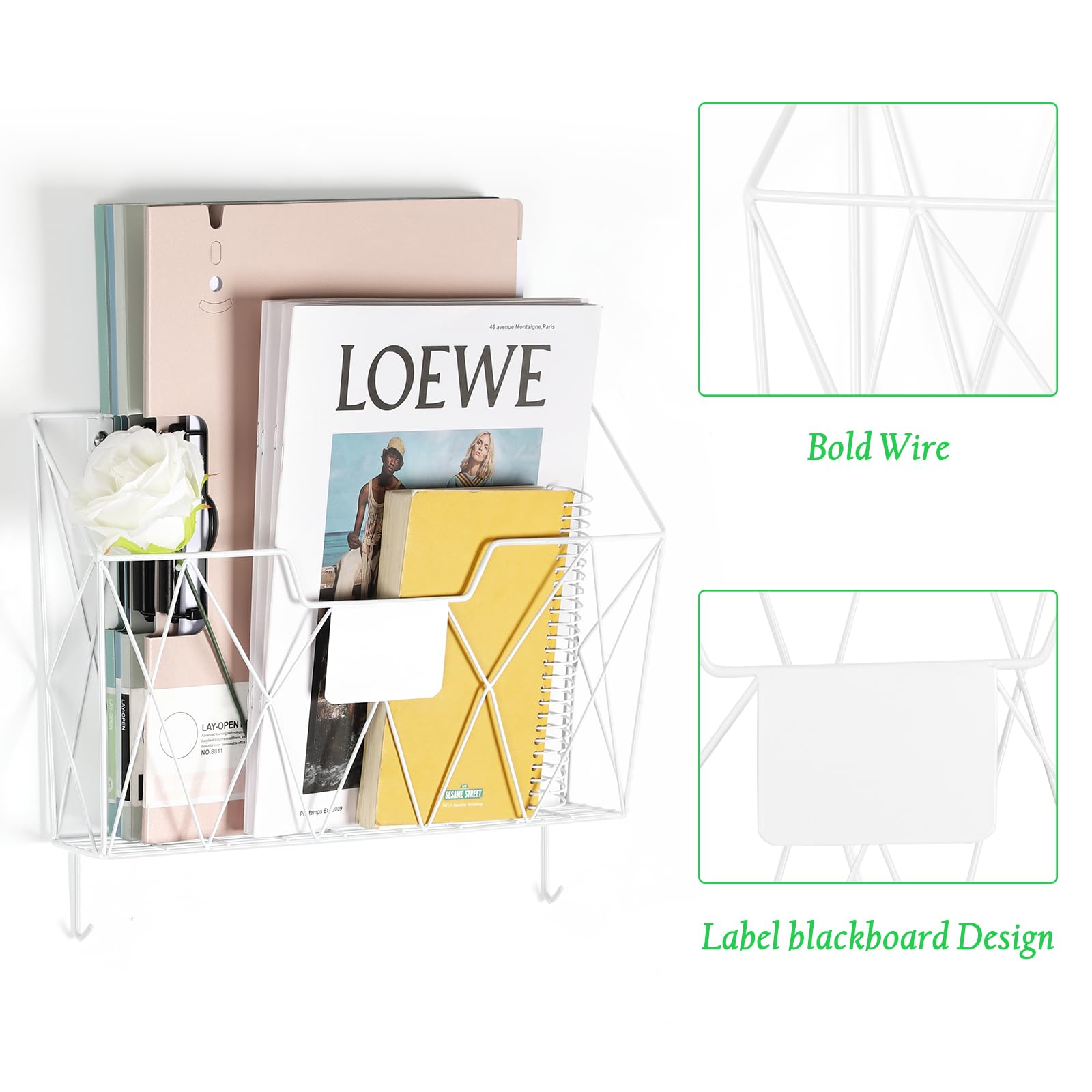 Porta documenti da parete con 6 tasche, organizer da parete, per documenti, appunti e riviste, supporto da parete per ufficio e casa, bianco
