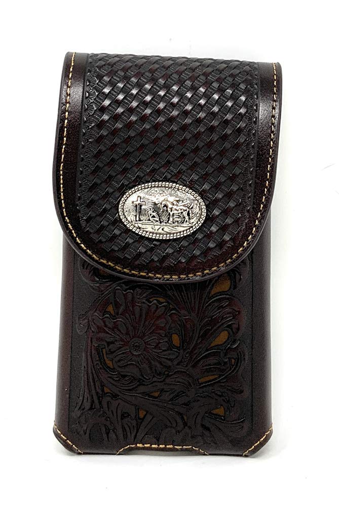 Texas West Western Cowboy Tooled Floral Leather Praying Cowboy Concho Belt Loop Cell Phone Holster Case in 4 Colors (Coffee)
