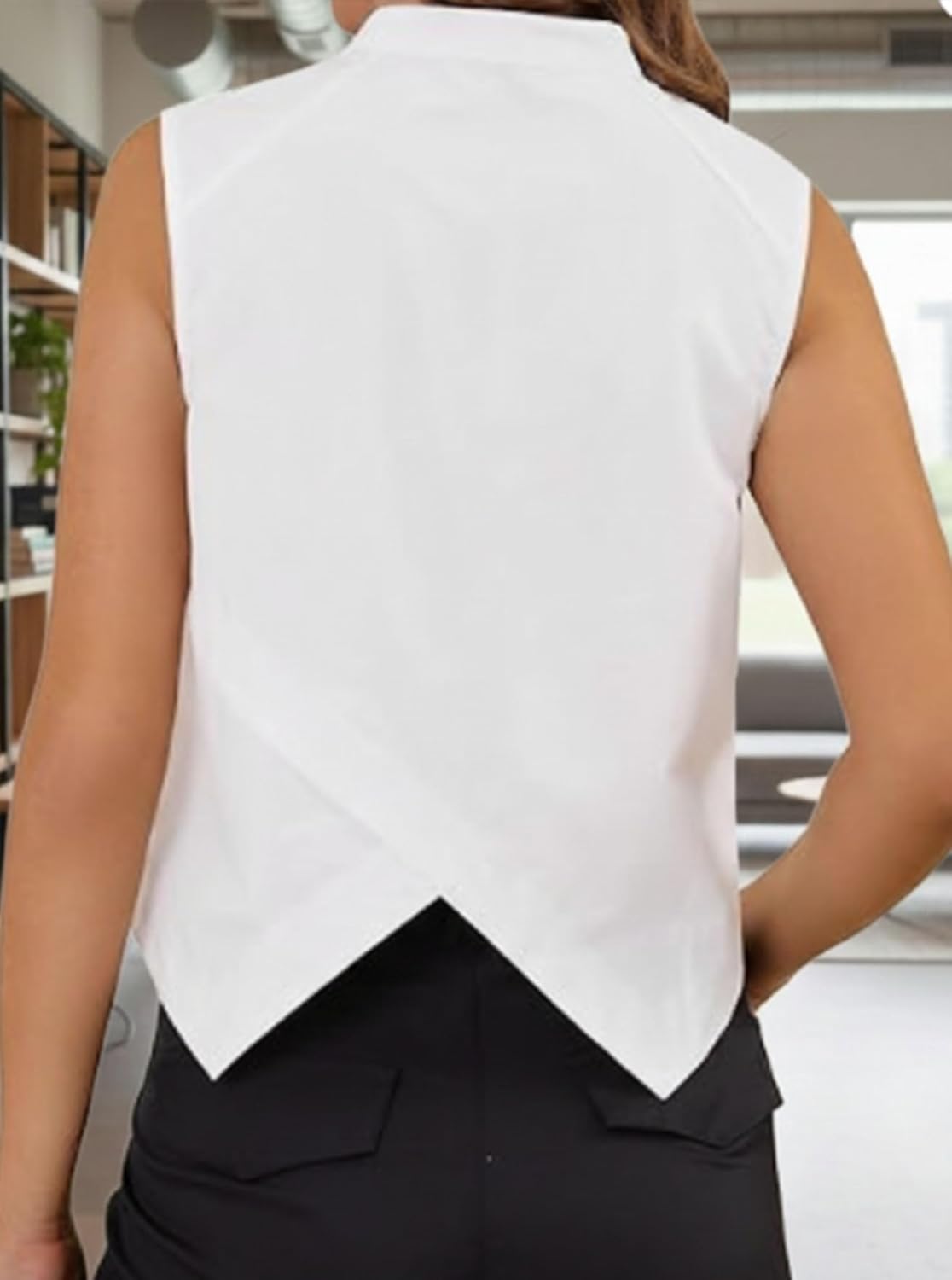 Remidoo Women Sleeveless Button Down Shirt Overlap Back Crop Tank Tops Office Work Blouse - Image 2