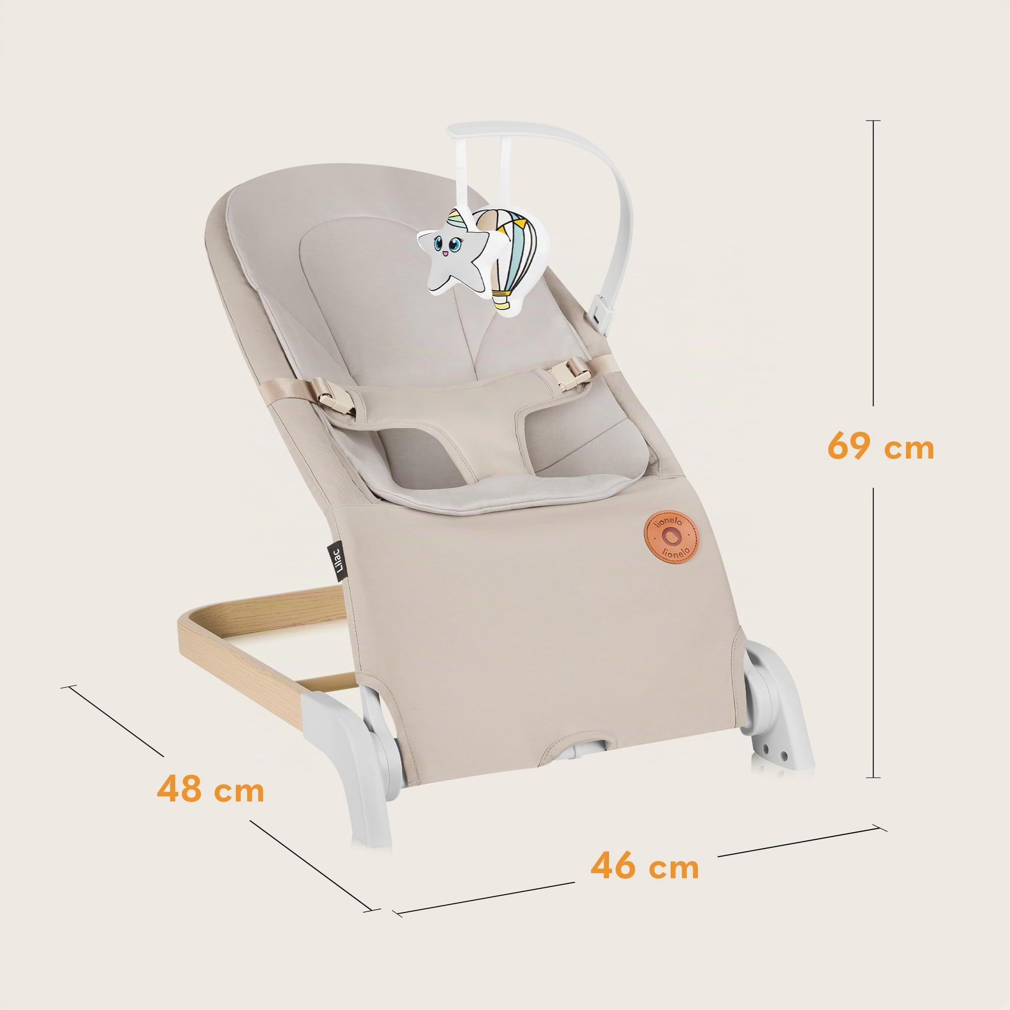 Transat enfant et balancelle LIONELO LILAC pour les bébés jusqu'à 9 kg de 0 à 6 mois, balancelle 2 en 1, 2 jouets, réglage d'inclinaison, harnais à 3 points, léger 3,2 kg, se plie à plat