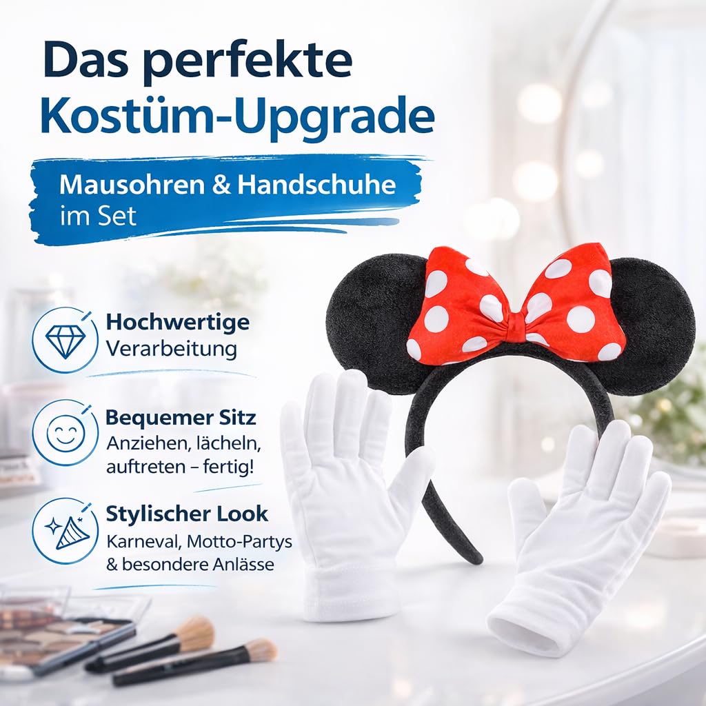 Costumed 2-częściowy zestaw z uszami myszki Minnie – kostium z rękawiczkami i uszami myszy dla kobiet na karnawał