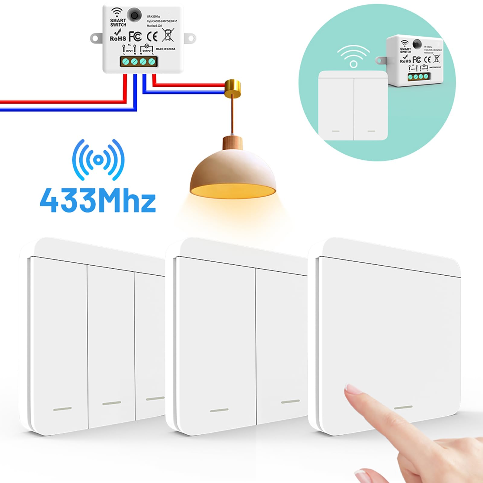 Kit Interruttore Luce Smart WiFi – Ricevitore + Interruttore Wireless, Controllo Remoto Intelligente da telefono compatibile con App Tuya e Google Home/Alexa (3 Ricevitori e 1 Interruttore (3 tasti))