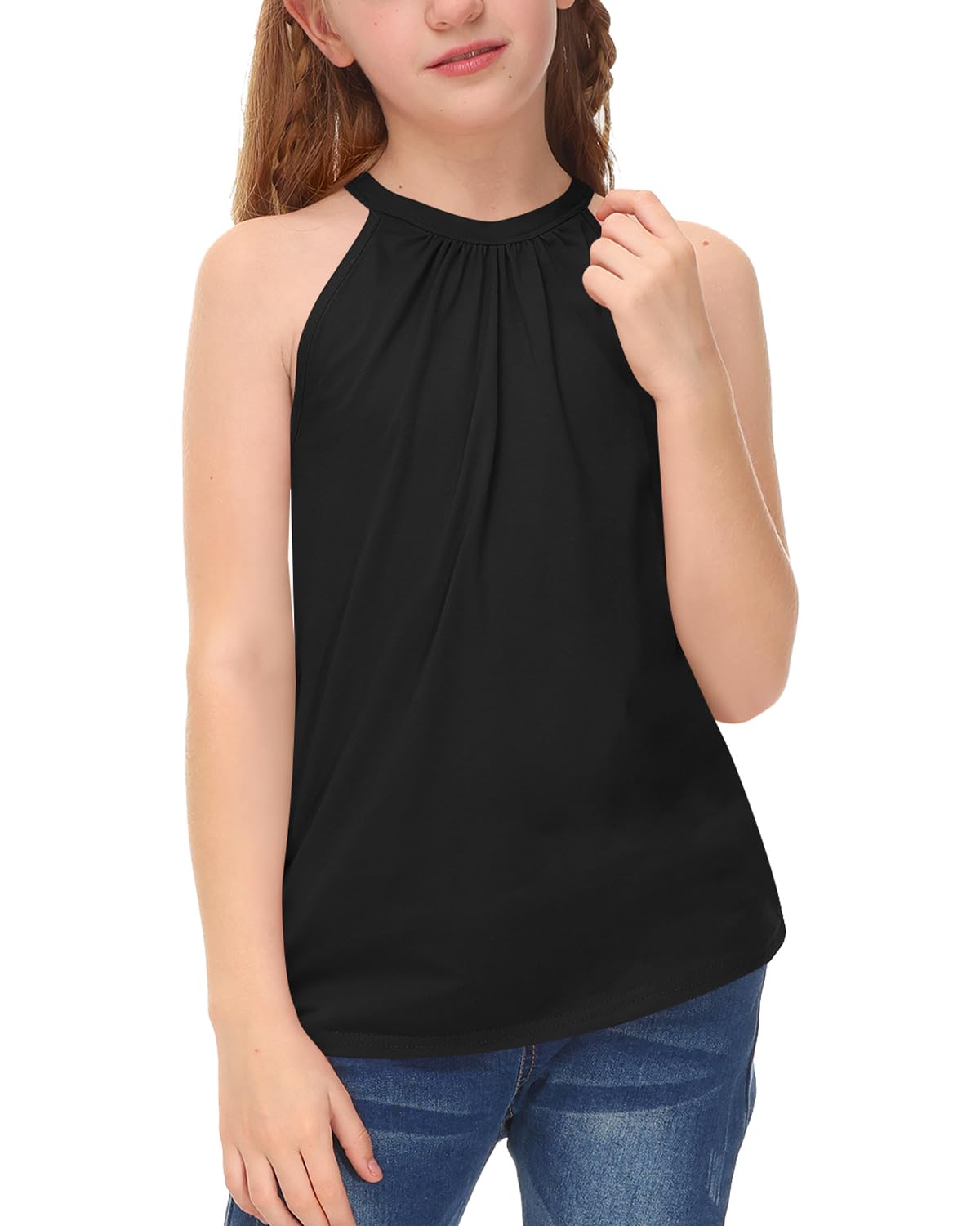 BesserBay Girls Summer Back Button Halter Neck Tank Top Cold Shoulder Casual Blouse Pleated Sleeveless Shirts 5-14 Years