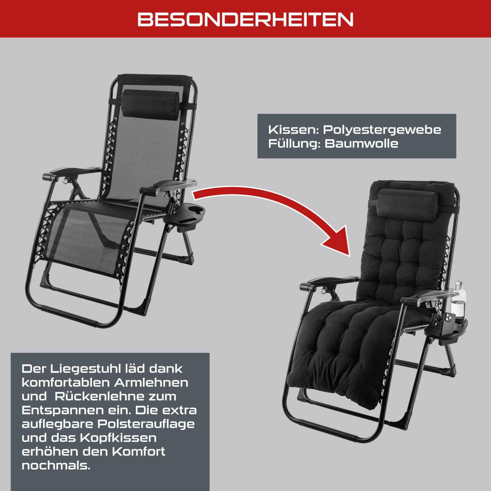 Practixx Liegestuhl klappbar mit Polsterauflage & Kissen | Extra breit 72cm | Getränke & Handyhalterung | Bequeme Auflage | Gartenstuhl Liegesessel Gartenliege schwarz robust stabil & wetterbeständig