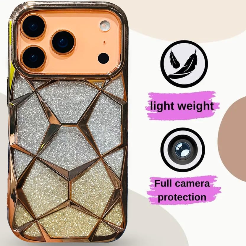 Image of VONZEE Gradient Glitter Back Cover Case Compatible with iPhone 17 Pro, Luxury Electroplated 3D Cube, Diamond Bling Shiny Soft TPU Clear Shockproof Women Girls Protective Phone Cover (Gold)