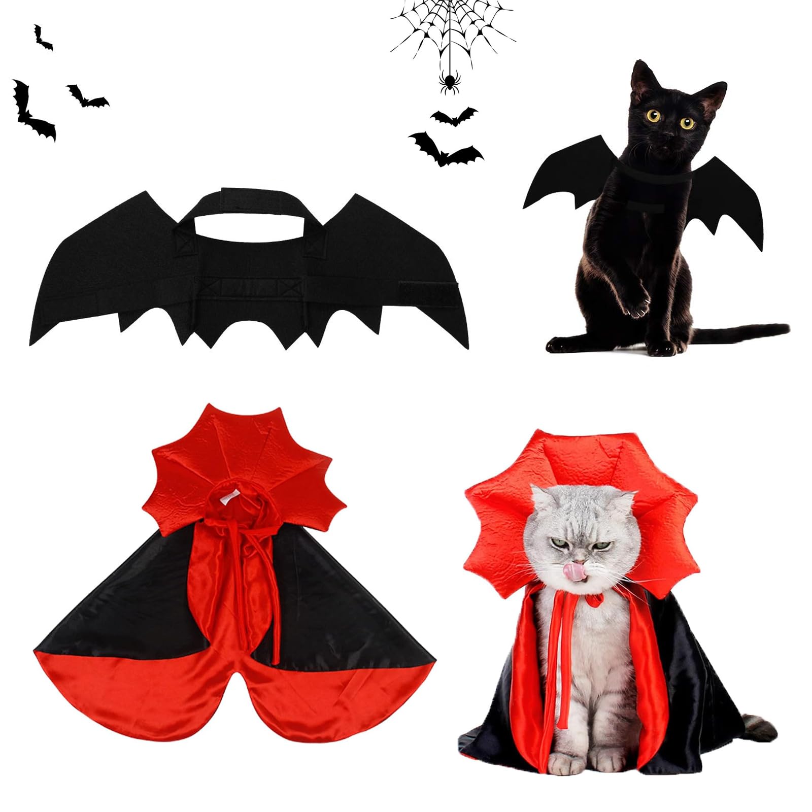 VireEyU Set de Disfraz de Halloween para Mascotas, Capa de Vampiro y Alas de Murciélago para Gatos y Perros Pequeños, Divertido Conjunto de Disfraces, Fiestas de Halloween y Cosplay.