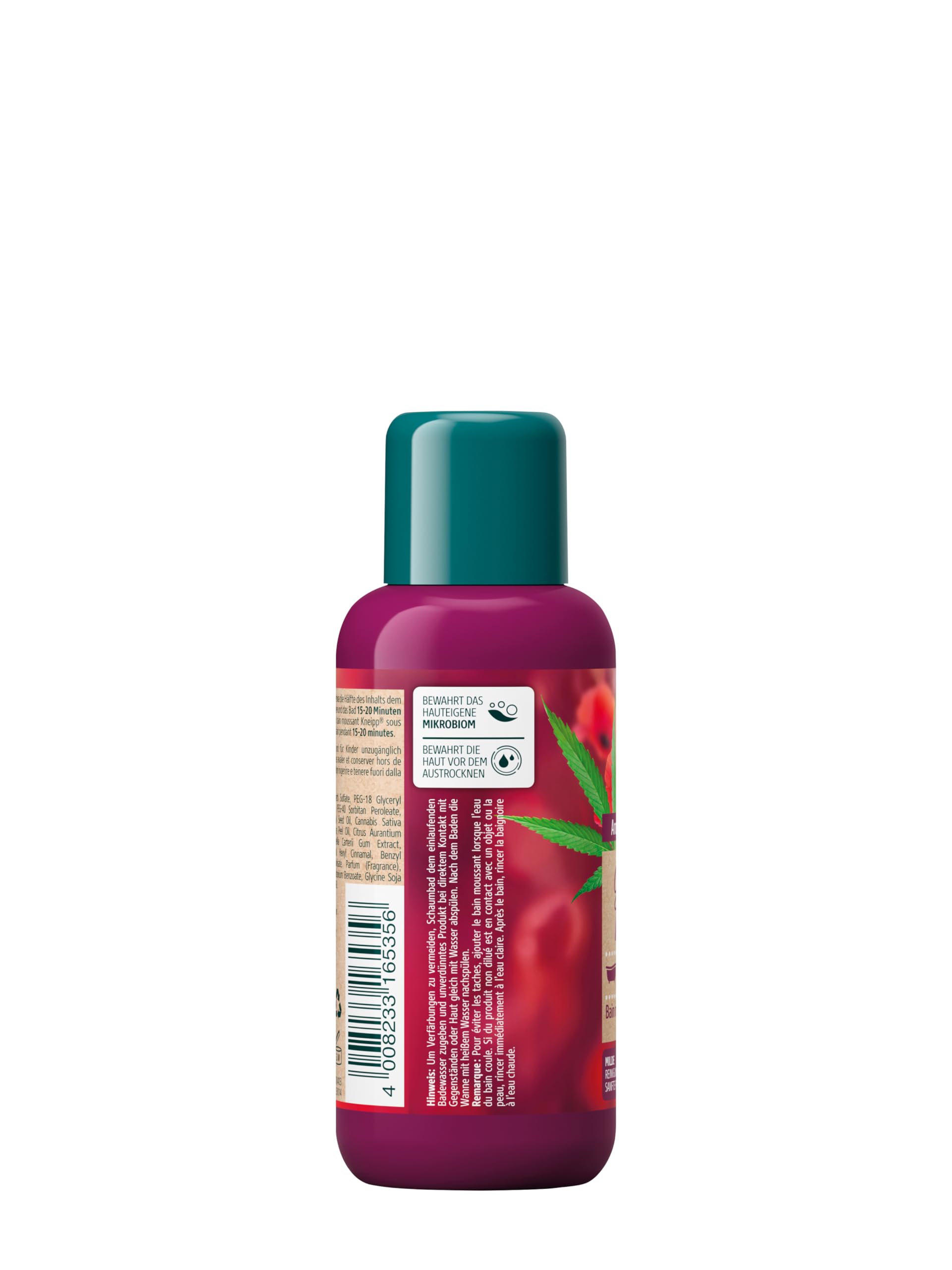 Kneipp Aromatyczna kąpiel z pianki pielęgnacyjnej Happy Auseit rozmiar podróżny – dodatek do kąpieli z naturalnymi olejkami z czerwonego maku i konopi – nastrojowy zapach – zapewnia miękkie i
