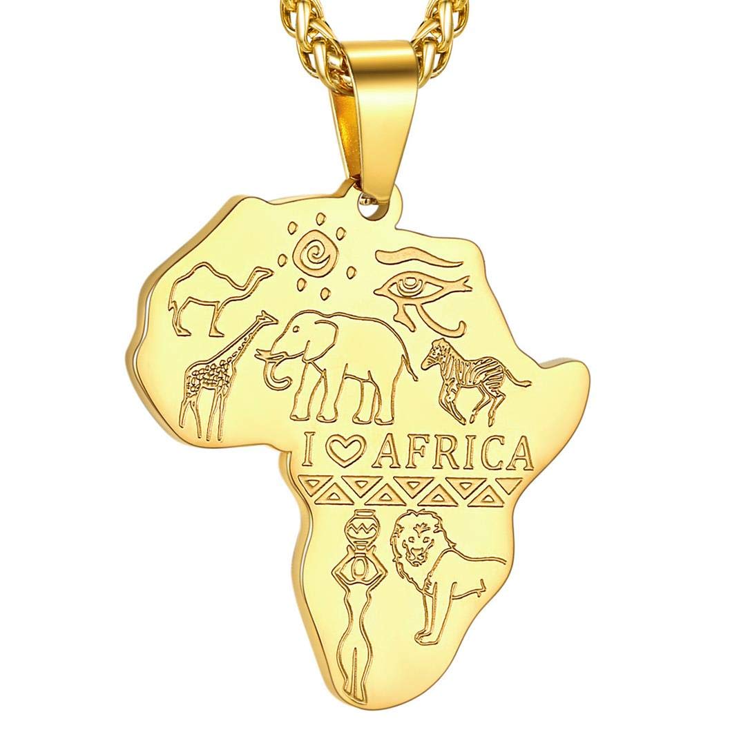 GoldChicGOLDCHIC JEWELRY Africa Map Necklace for Men, Stainless Steel African Tribal/Egyptian Eye of Horus/I LOVE AFRICA/Elephant Africa Map Hiphop Jewelry Unisex with 22+2Adjustable Chain