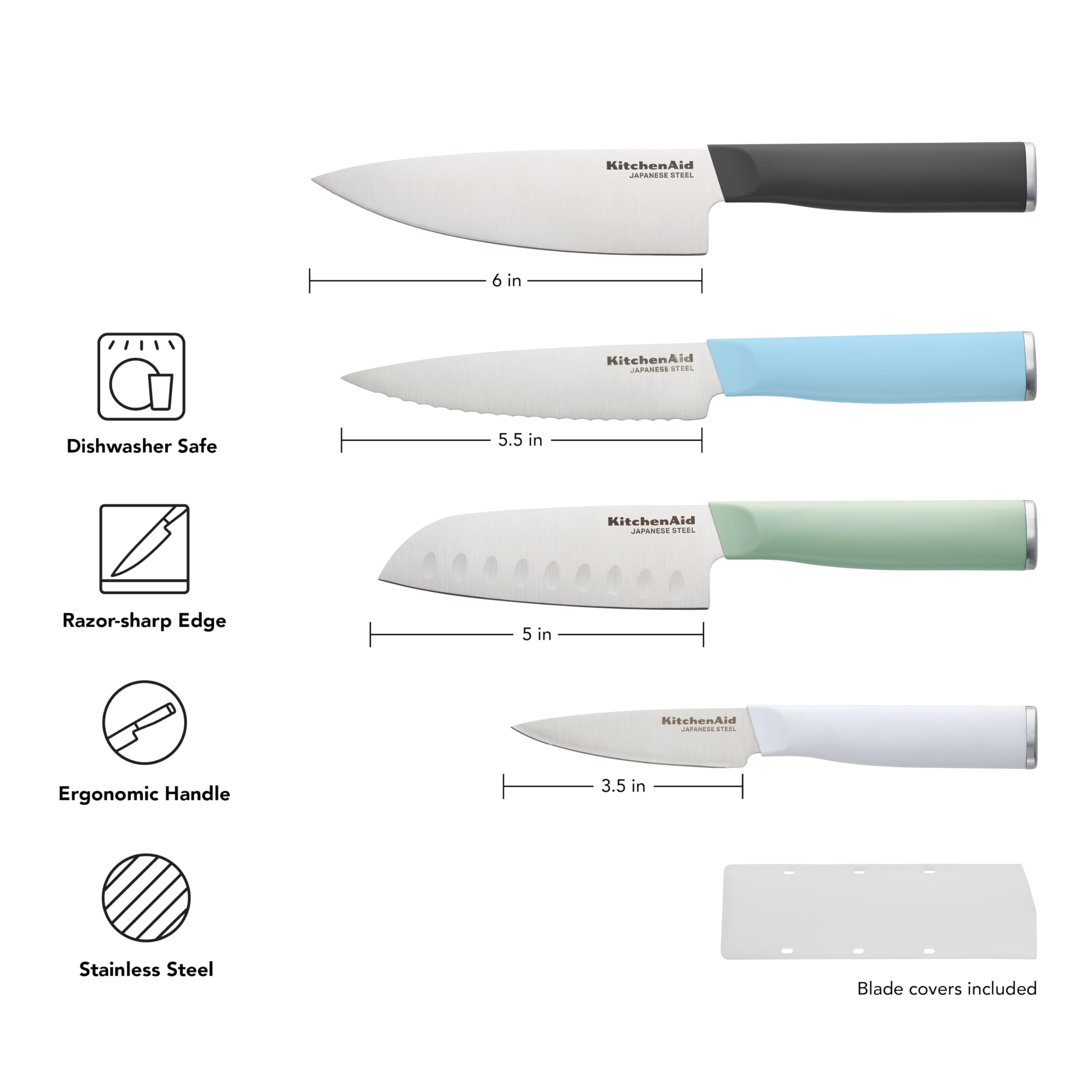 KitchenAid Chef Set with Custom-Fit Covers, Sharp Kitchen Knife, Japanese Stainless Steel Blade, 4 Piece, Multicolor — Amazon image 5