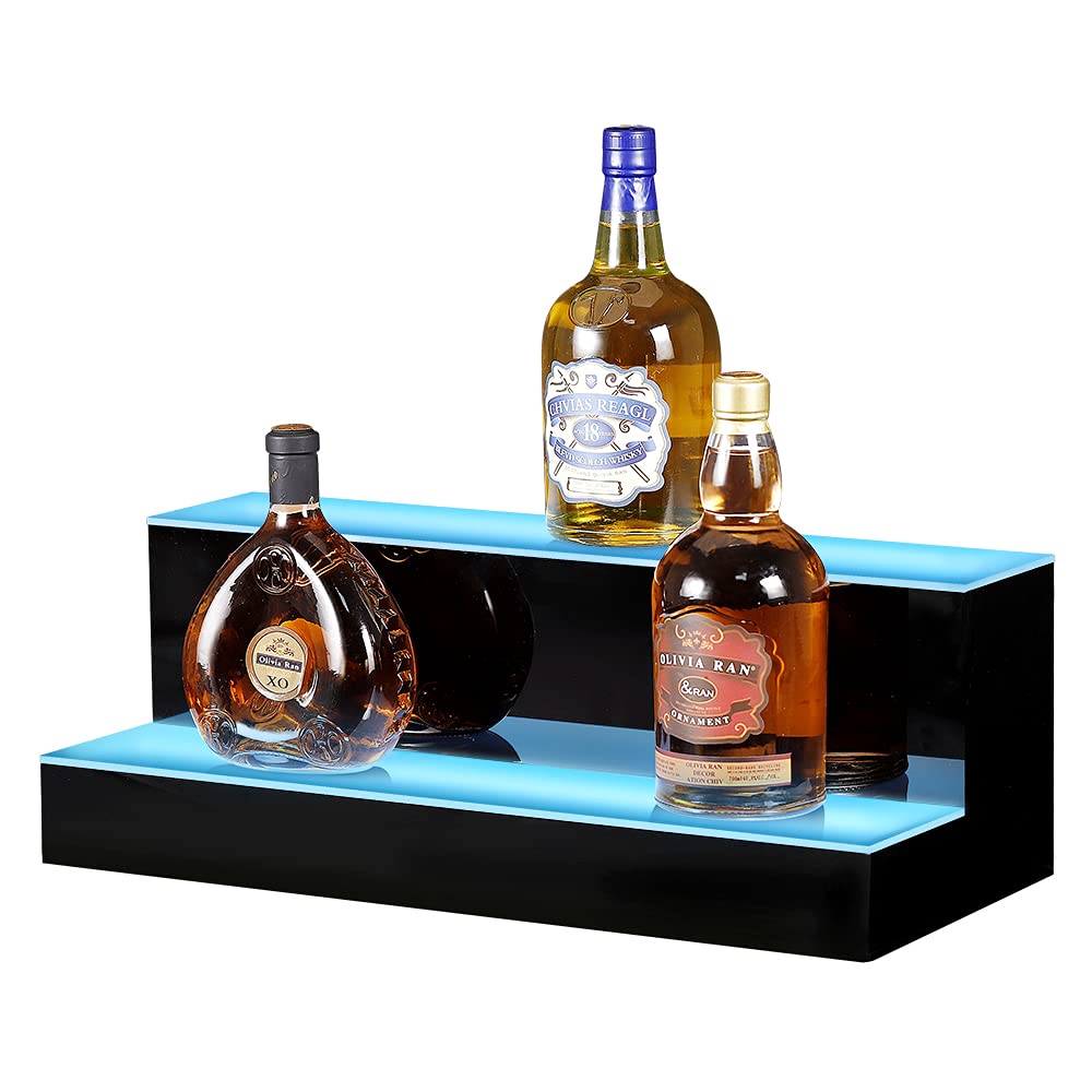 LED Lighted Liquor Bottle Display 20 Inch 2 Step Illuminated Bottle Shelf 2 Tier Home Bar Drinks Commercial Lighting Shelves with Remote Control (2 Tier, 20 inch)
