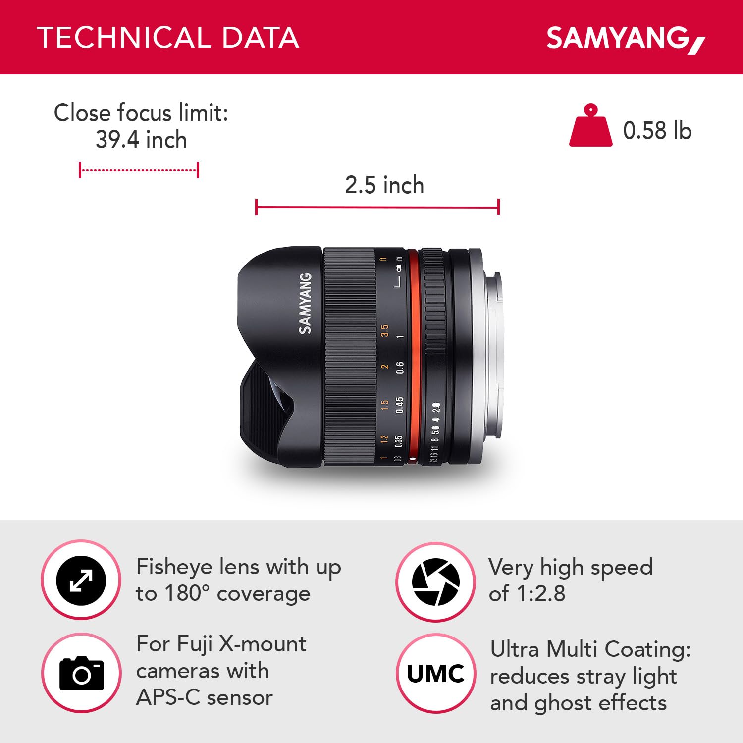 Samyang MF 8mm F2.8 Fisheye II Manual Focus Lens for Fuji X
