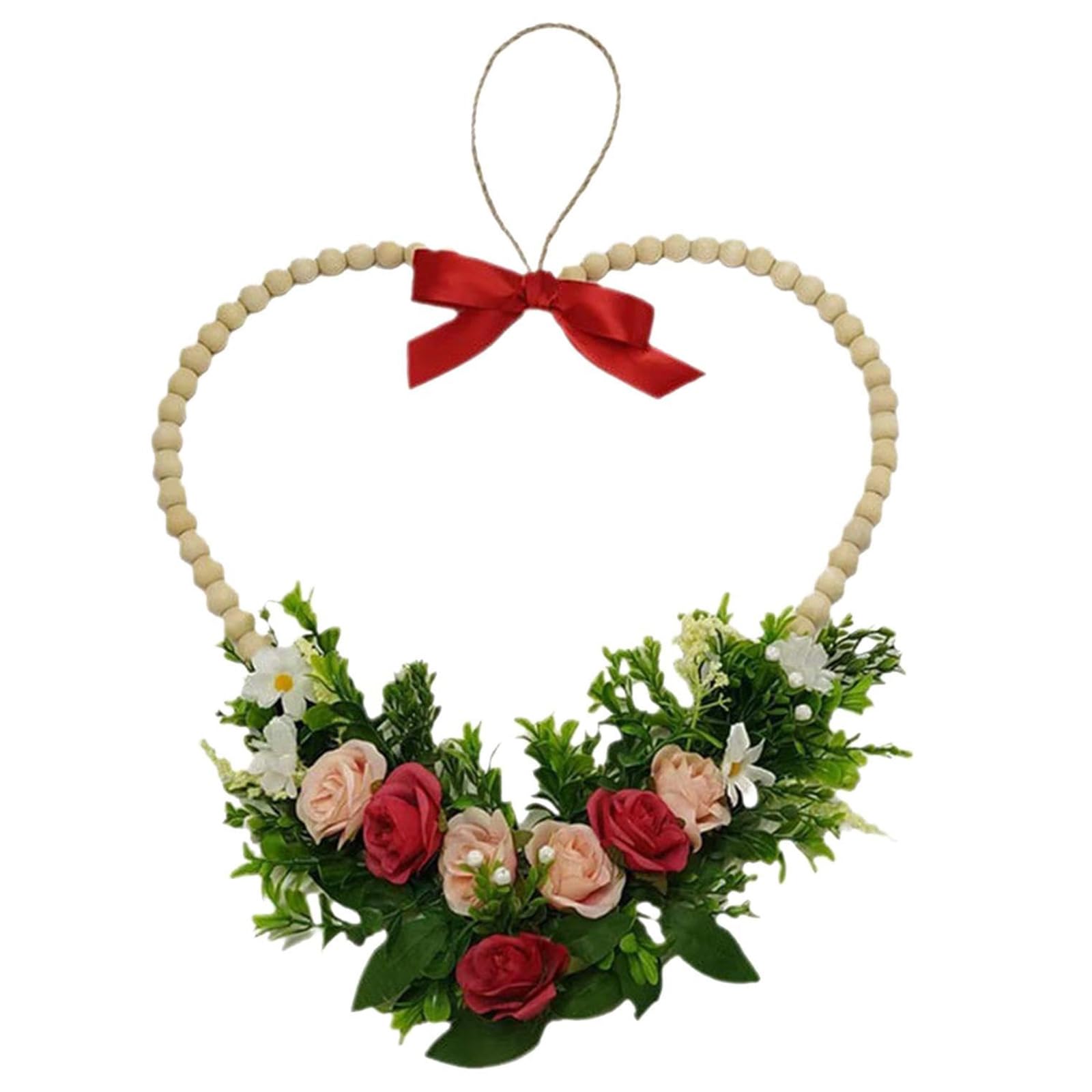 Festival Atmospheres Boosters Heart Wreath for Valentines Comprising Wood Beads and Ribbon Accent Measuring 36cm Wide 37cm High Size Valentines Day Heart Garlands with Wood Beads and Red Ribbon