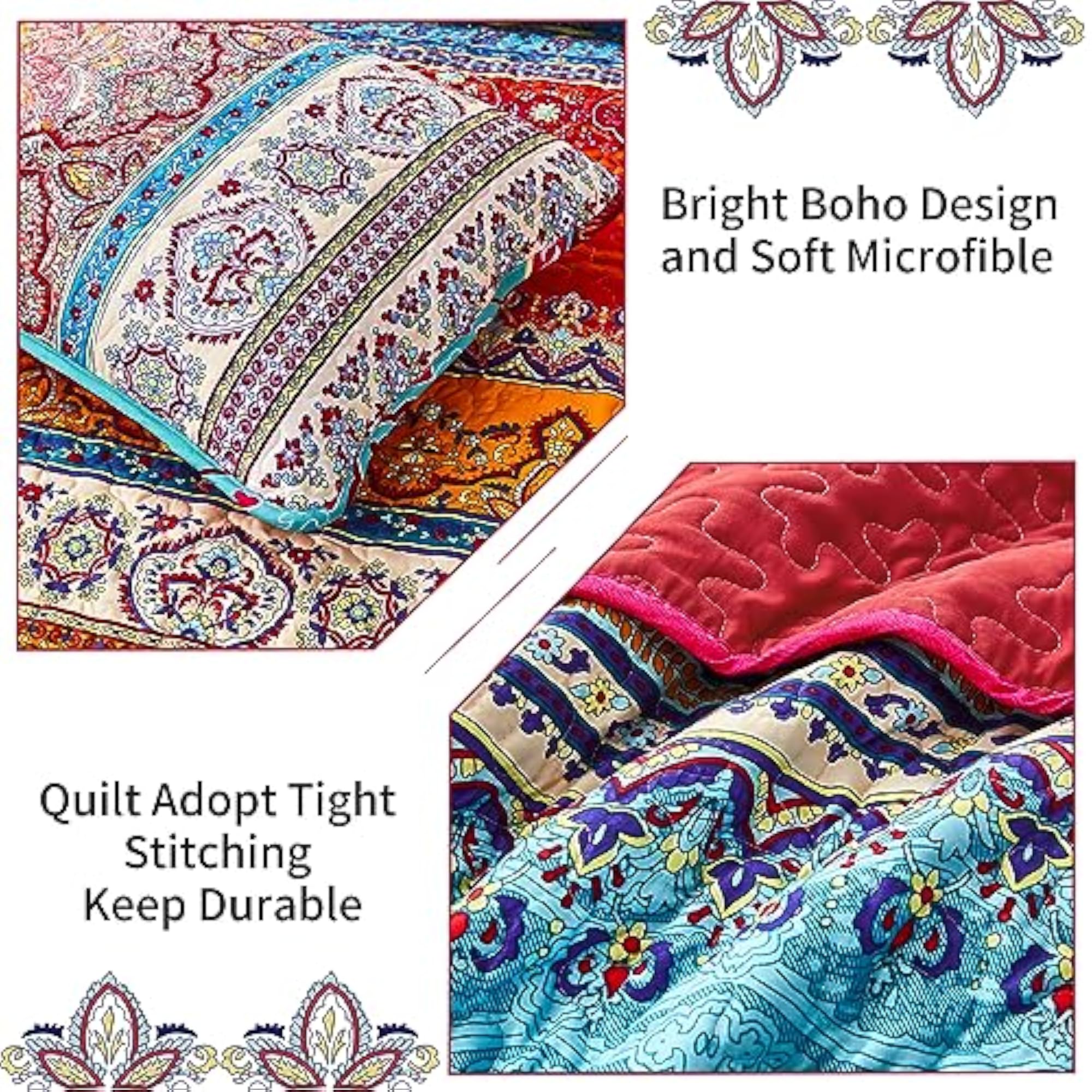 3pc Bohemian Quilt Set, Lightweight Summer Bedspread