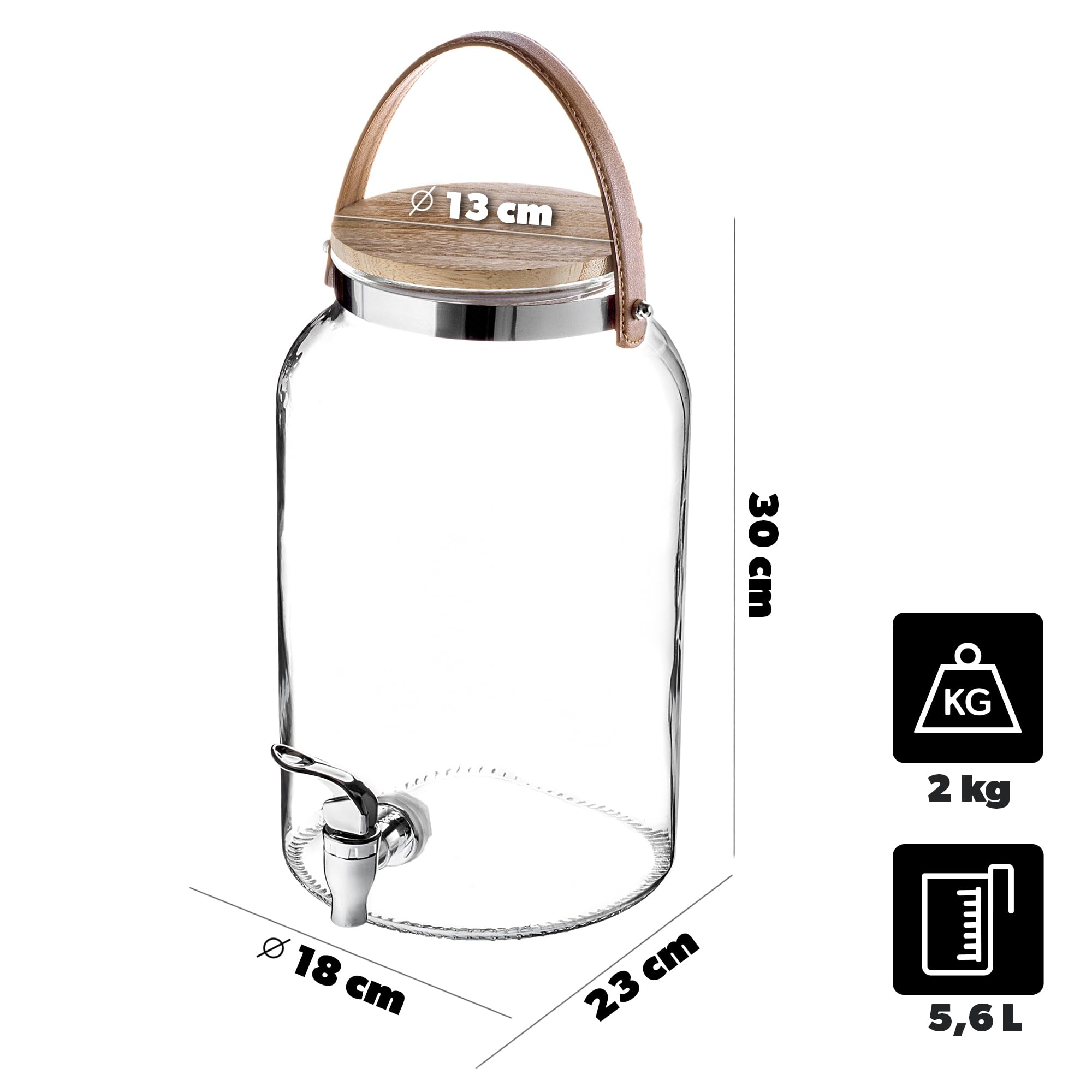 KADAX Dispenser per bevande da 5,6 litri, distributore di limonata con rubinetto e coperchio, grande erogatore di acqua in vetro, dispenser di succo, contenitore per bevande, contenitore in vetro