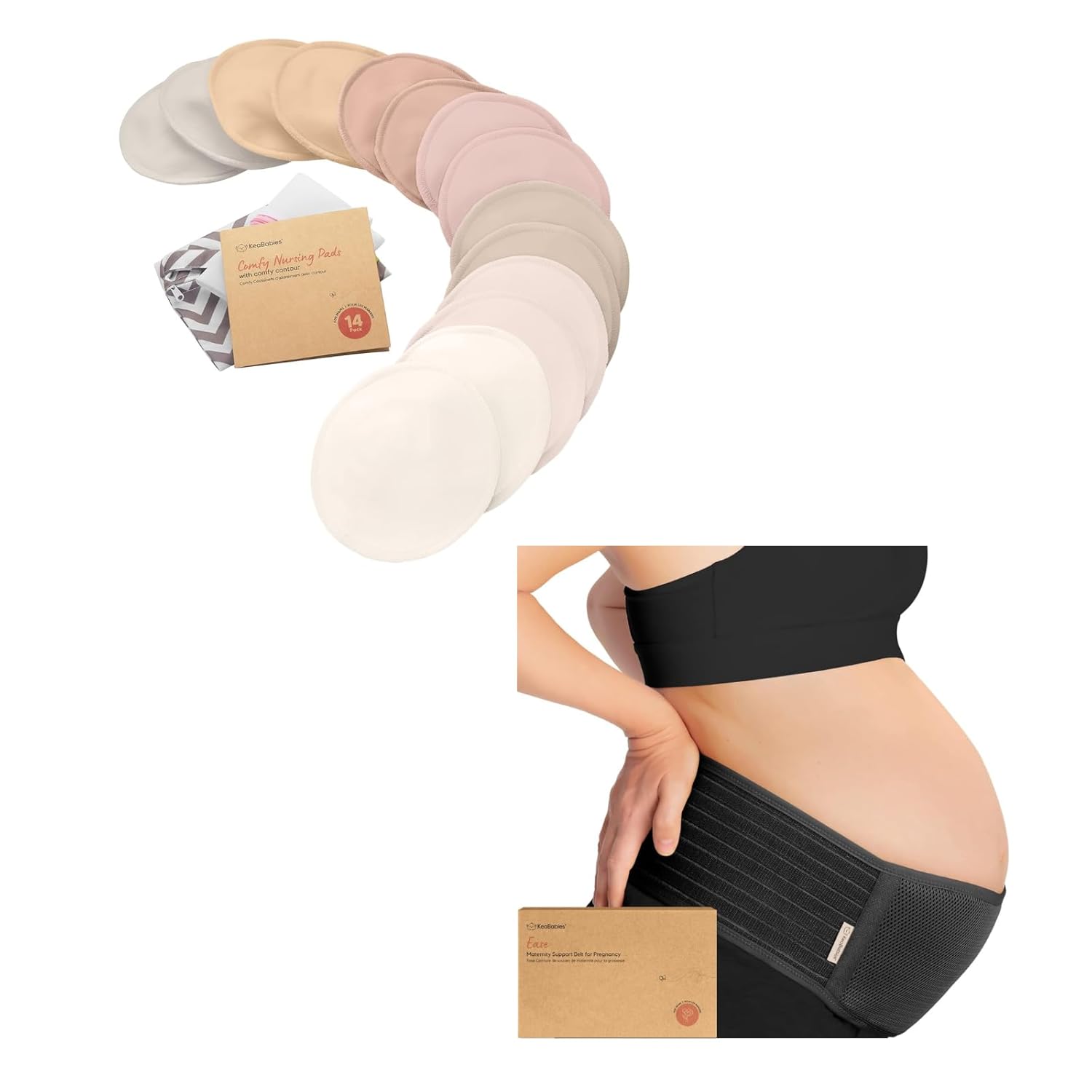KeaBabies 14-Pack Nursing Pads and Maternity Belly Band for Pregnancy - Reusable Breast Pads for Breastfeeding - Soft & Breathable Pregnancy Belly Support Belt