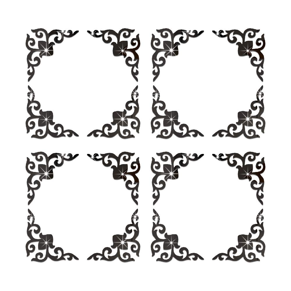 funlife 16PCS Corner Onlay Applique Pattern Hollow Self Adhesive Wall Mirror Stickers, Non Glass Small Acrylic Mirror for Home Cabinet Wall Decor, Corner Onlay Applique Pattern, 5.91" X 5.91" Black