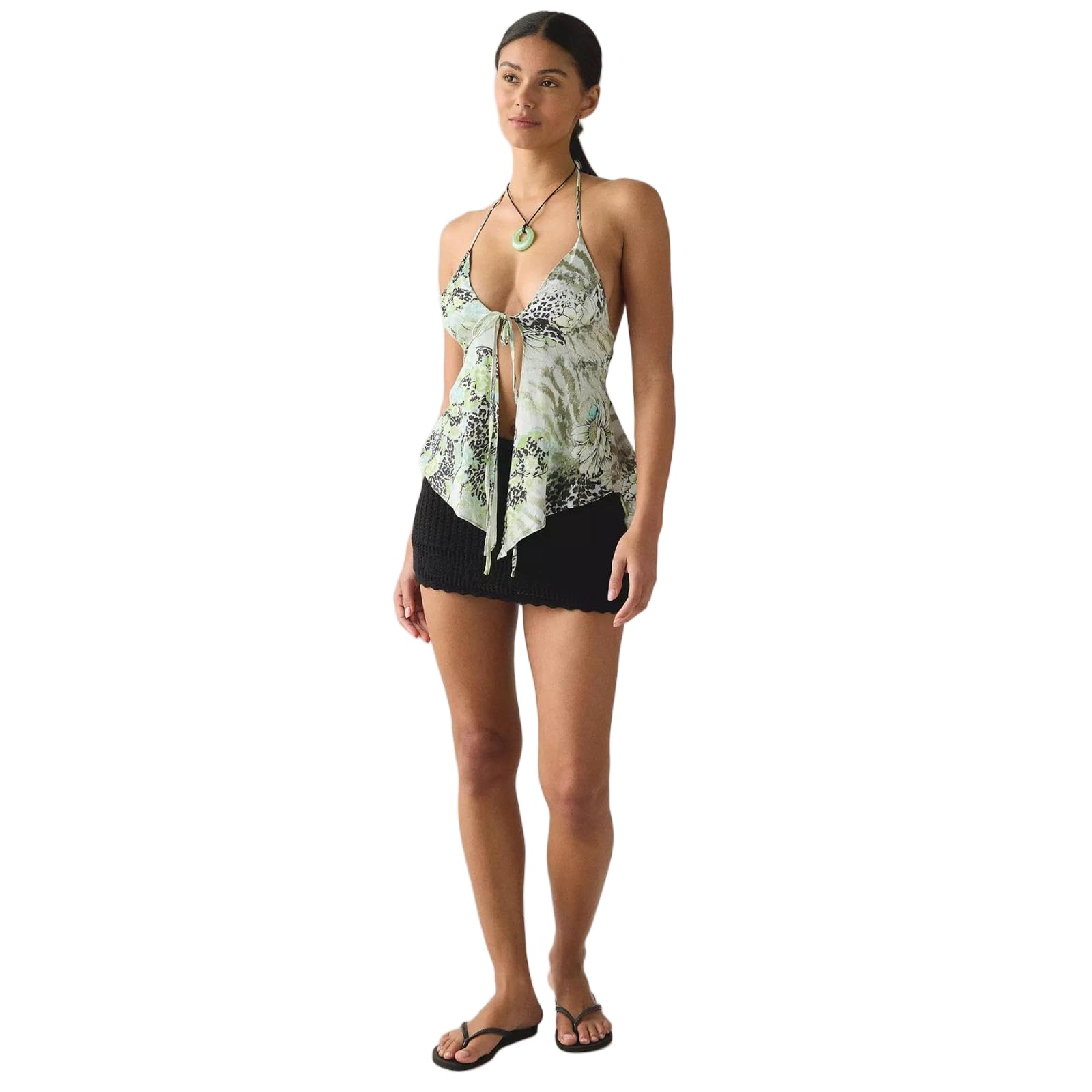 JCVBN - Camiseta estilo bohemio para mujer, con lazo frontal, estampado de verano, vacaciones, salir, cuello halter, lazo frontal, estampado, dobladillo asimétrico, vacaciones, poliéster