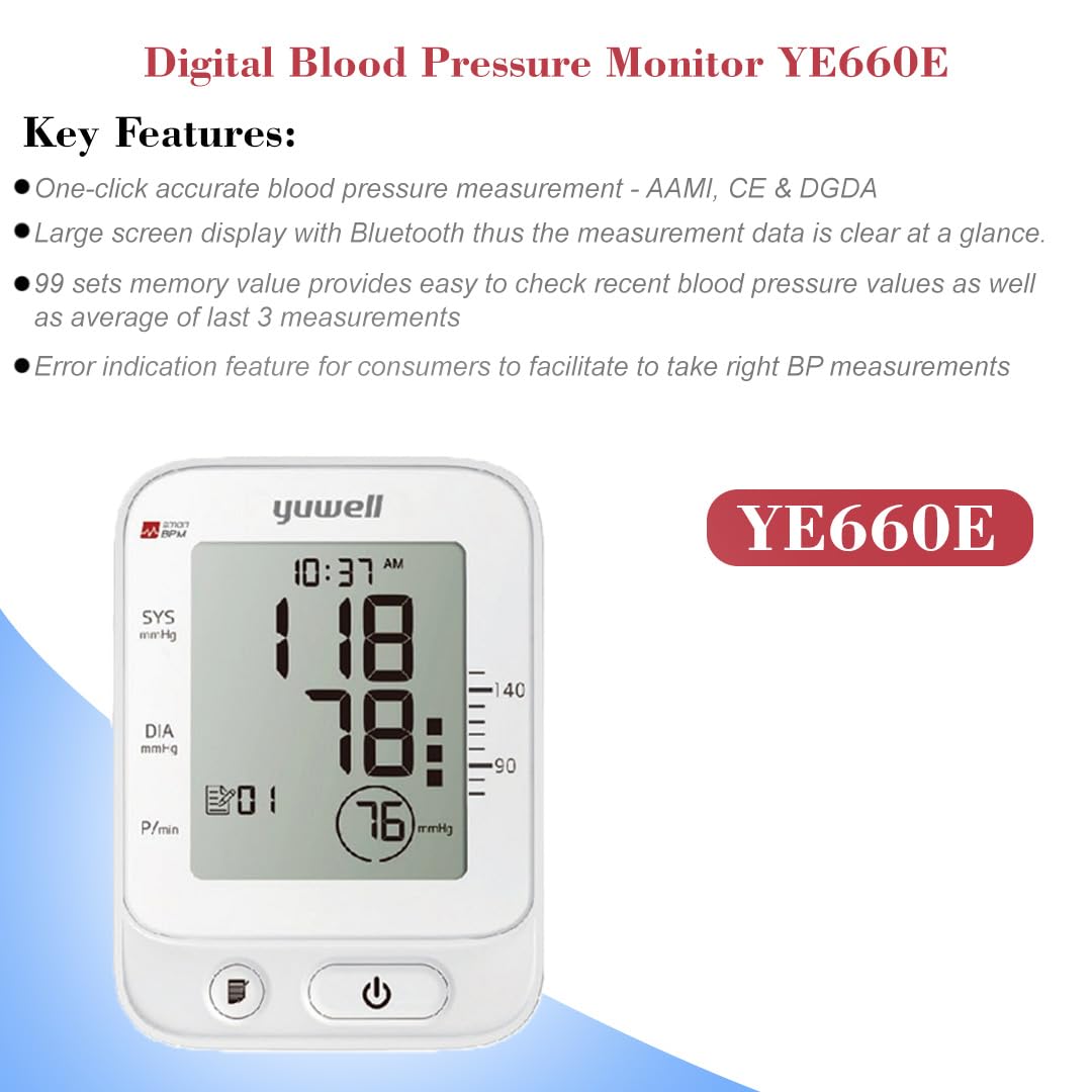 yuwell Digital Arm Blood Pressure Monitor, Advanced Features, Accurate Monitoring, Systolic, Diastolic, Heart Rate, Pulse Rate, White 3