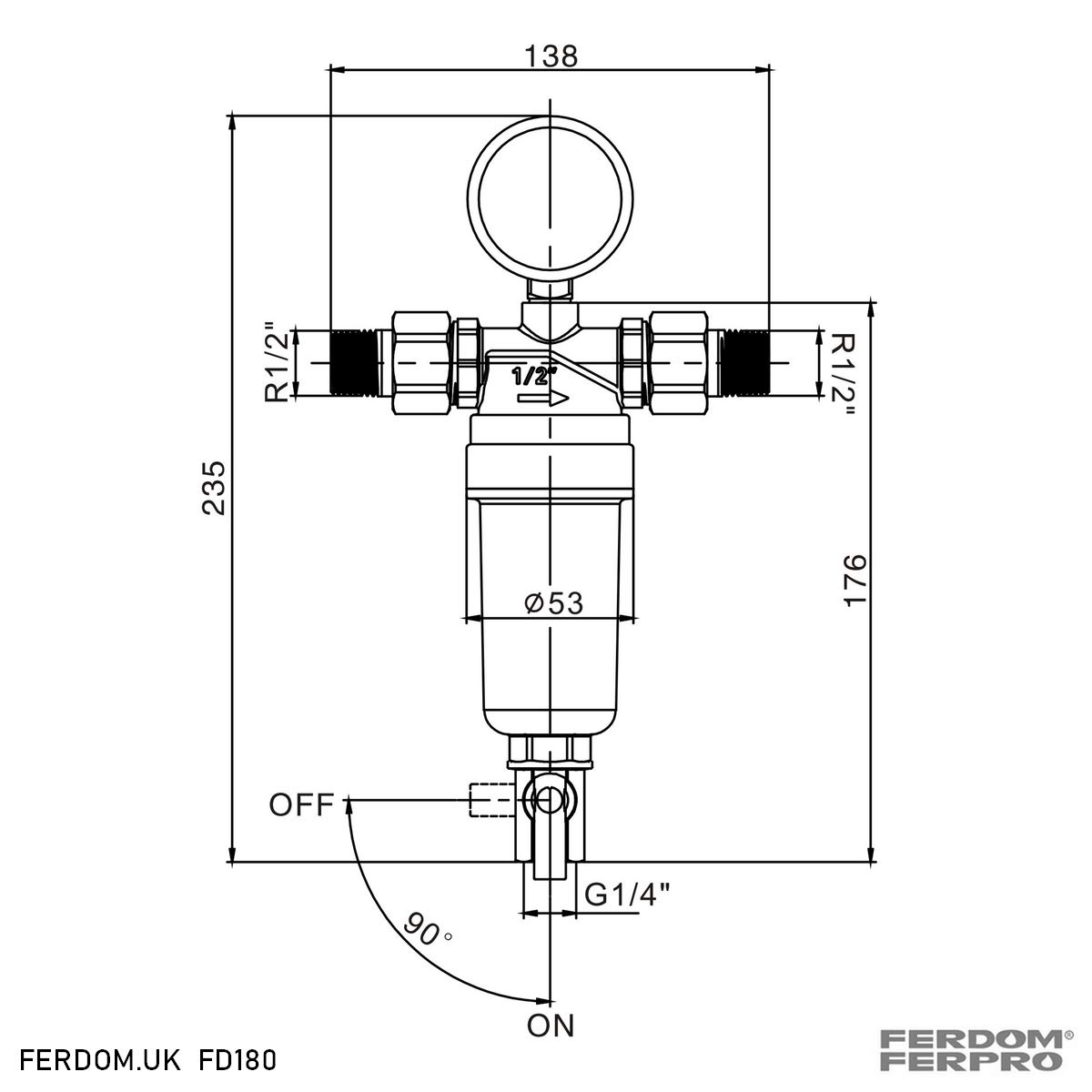 FERDOM FD180 Prefiltro Con Manómetro y Malla Extra. Filtro de Agua Purificador Giratorio, Reutilizable. Malla de Acero Inoxidable de 90 Mic, Con. 1/2 ”(3/4) Flujo Máximo 2,5m3 / H. Cabeza de Latón.