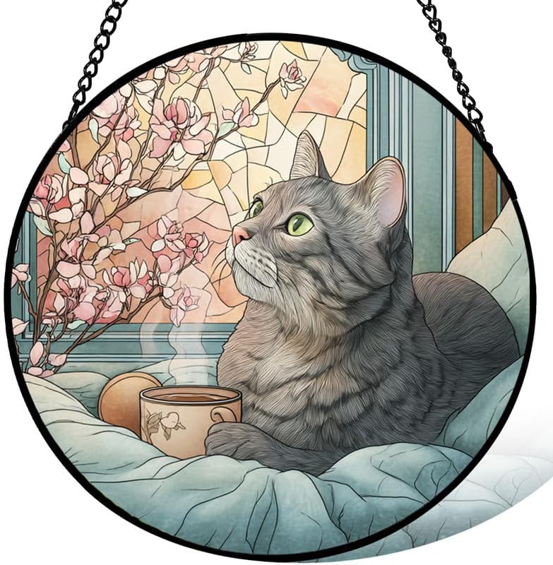 Stained Glass Window Hanging, Gray Tabby Cat with Coffee Sun Catchers Indoor Window, Core Decor Inside and Outside The Cottage,Gifts for Women -363