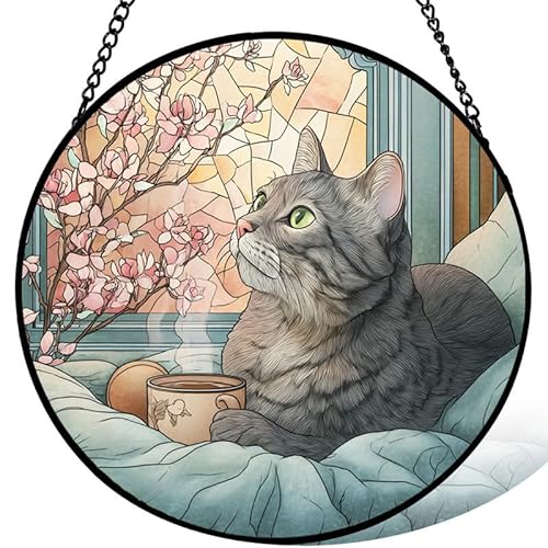 Stained Glass Window Hanging, Gray Tabby Cat with Coffee Sun Catchers Indoor Window, Core Decor Inside and Outside The Cottage,Gifts for Women -363