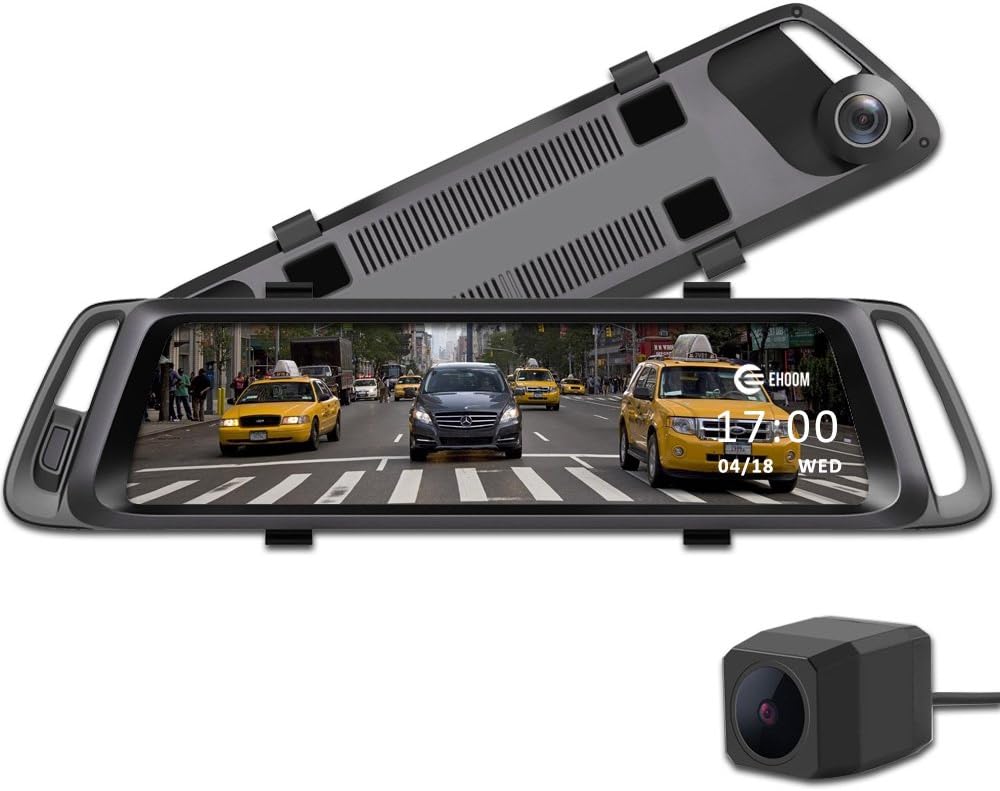 EHOOM A10 9.88" Full Touch Screen HD Mirror Dash Camera, Dual Lens Reversing Backup Cam, Car DVR with FHD 1080P Front Cam and HD 720P Rear Cam, Super Night Vision, WDR, HDR, Zero Blind Area