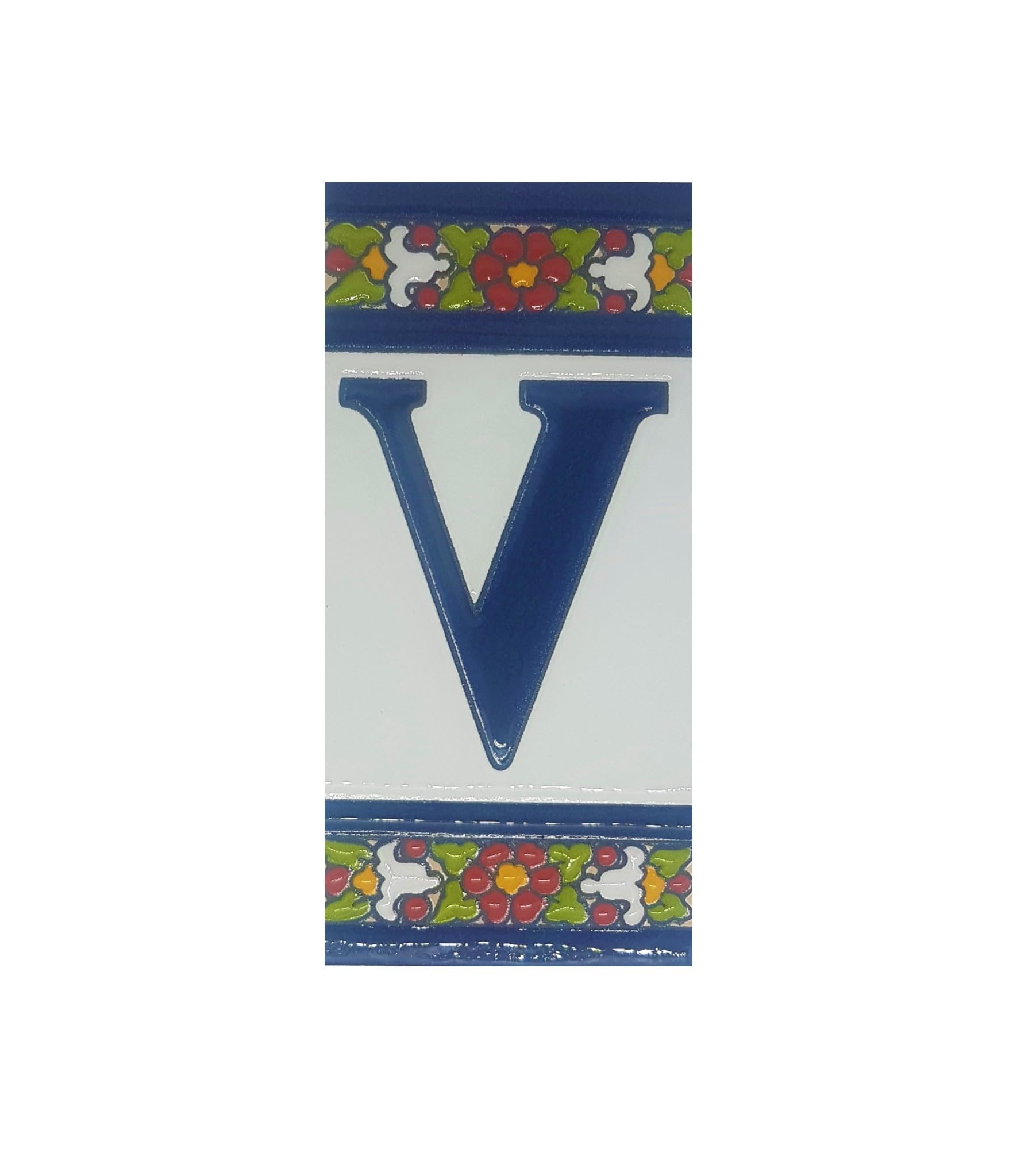 Spanish Floral Designed Ceramic Letter Tiles House Number Tiles and Frames (Letter V) โ image 1