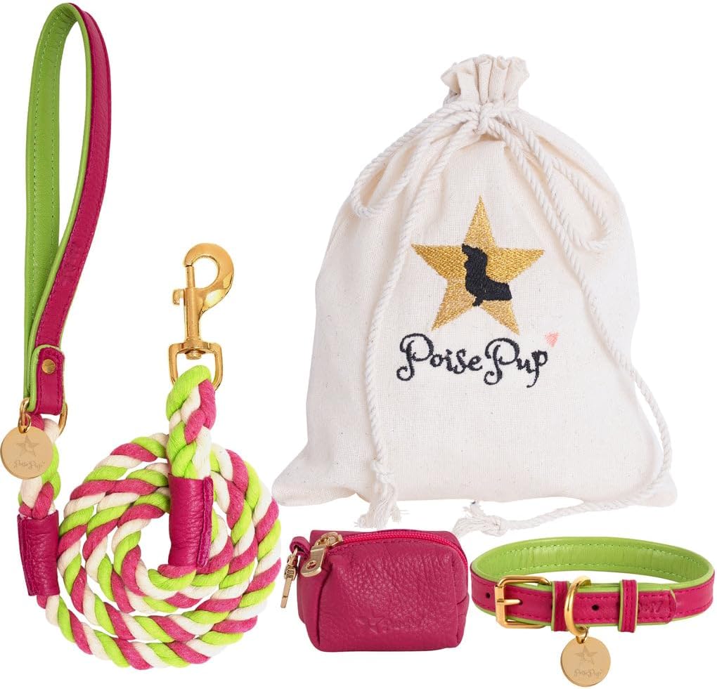 POISEPUP 5ft Braided Cotton Rope Leash with Soft Padded Genuine Leather Handle for Dogs - Handmade Comfort & Cute - Pink | Green