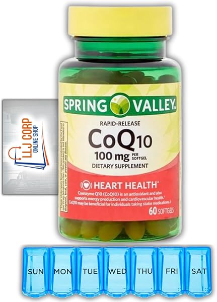 Spring Valley Rapid-Release CoQ10 Heart Health Dietary Supplement Softgels, 100 mg, 60 Count, Bundle with Weekly Pills Planner + LLJ Corp Sticker., White