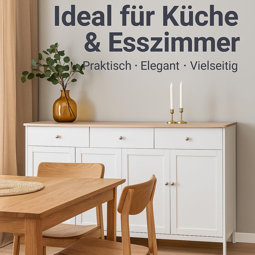 Sideboard 160 cm Weiß Holzoptik mit 3 Schubladen & 4 Türen – Buffetschrank Landhausstil mit Verstellbaren Regalböden – Anrichte für Wohnzimmer & Esszimmer (Weiß, 160 L x 37 B x 75H(cm))