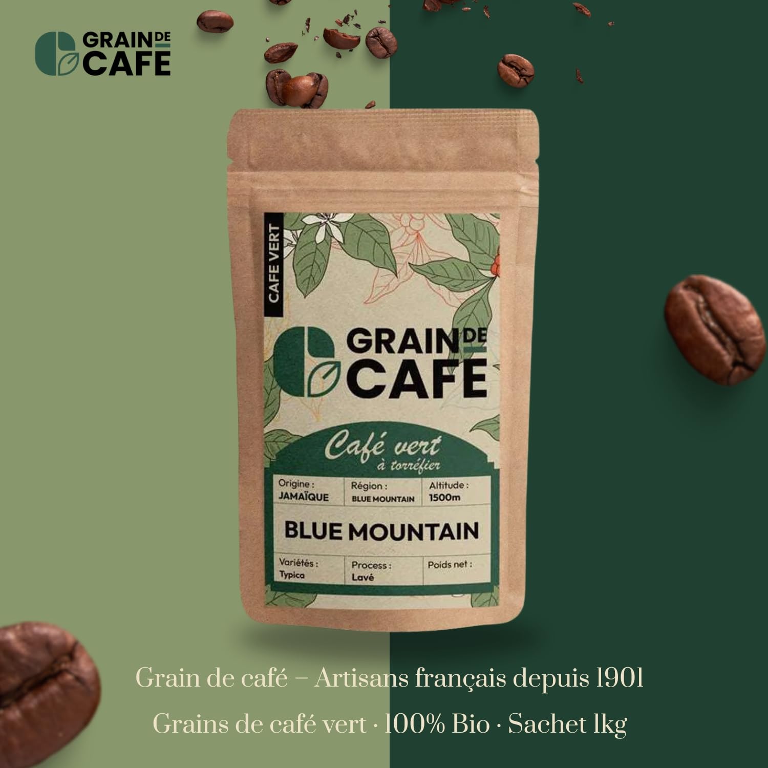 Graindecafé – Café Vert Jamaïque Blue Mountain 1kg | 100% Arabica Non Torréfié | Grand Cru D’Exception | Notes De Noix, Chocolat Et Miel | Idéal Machine À Café Grain Une Fois Torréfié
